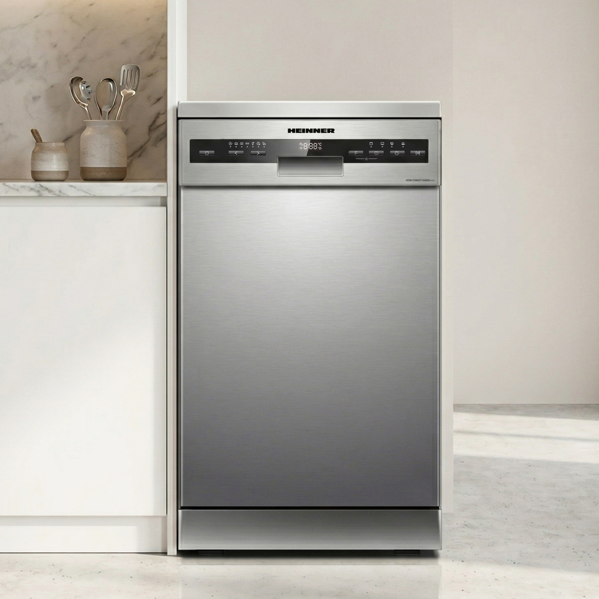 A silver dishwasher with a digital display and control panel.