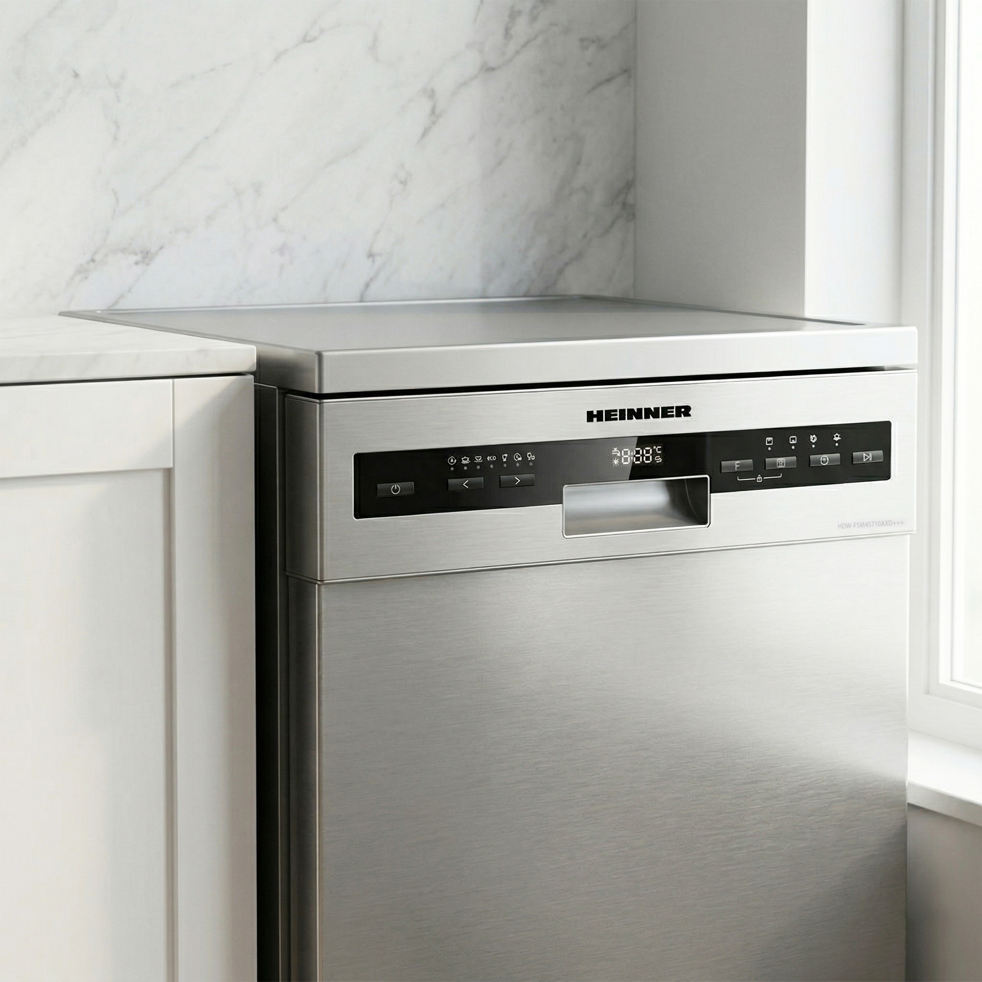 A silver dishwasher with a digital display and control panel.