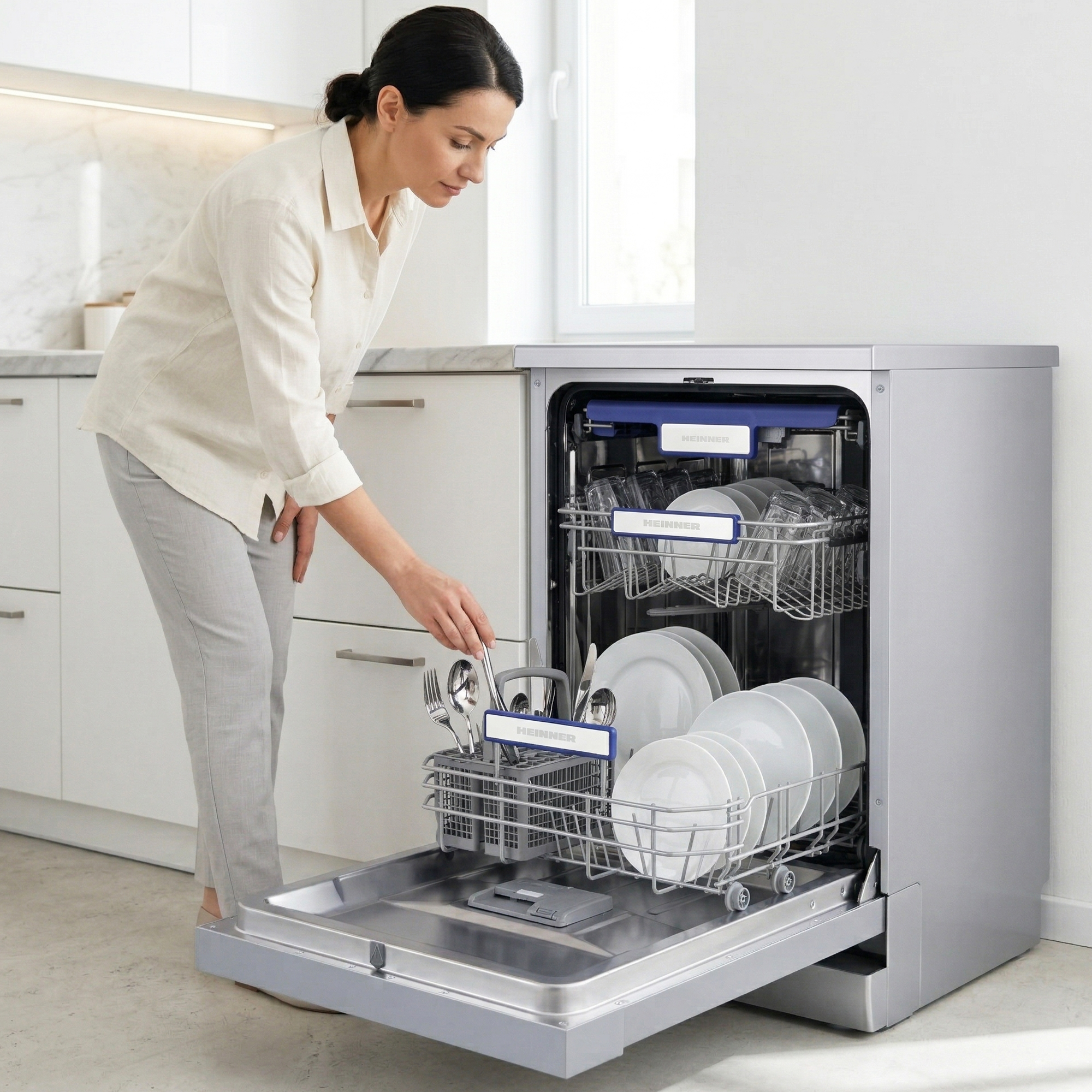 A woman loads dishes into an open dishwasher, arranging cutlery in a basket.
