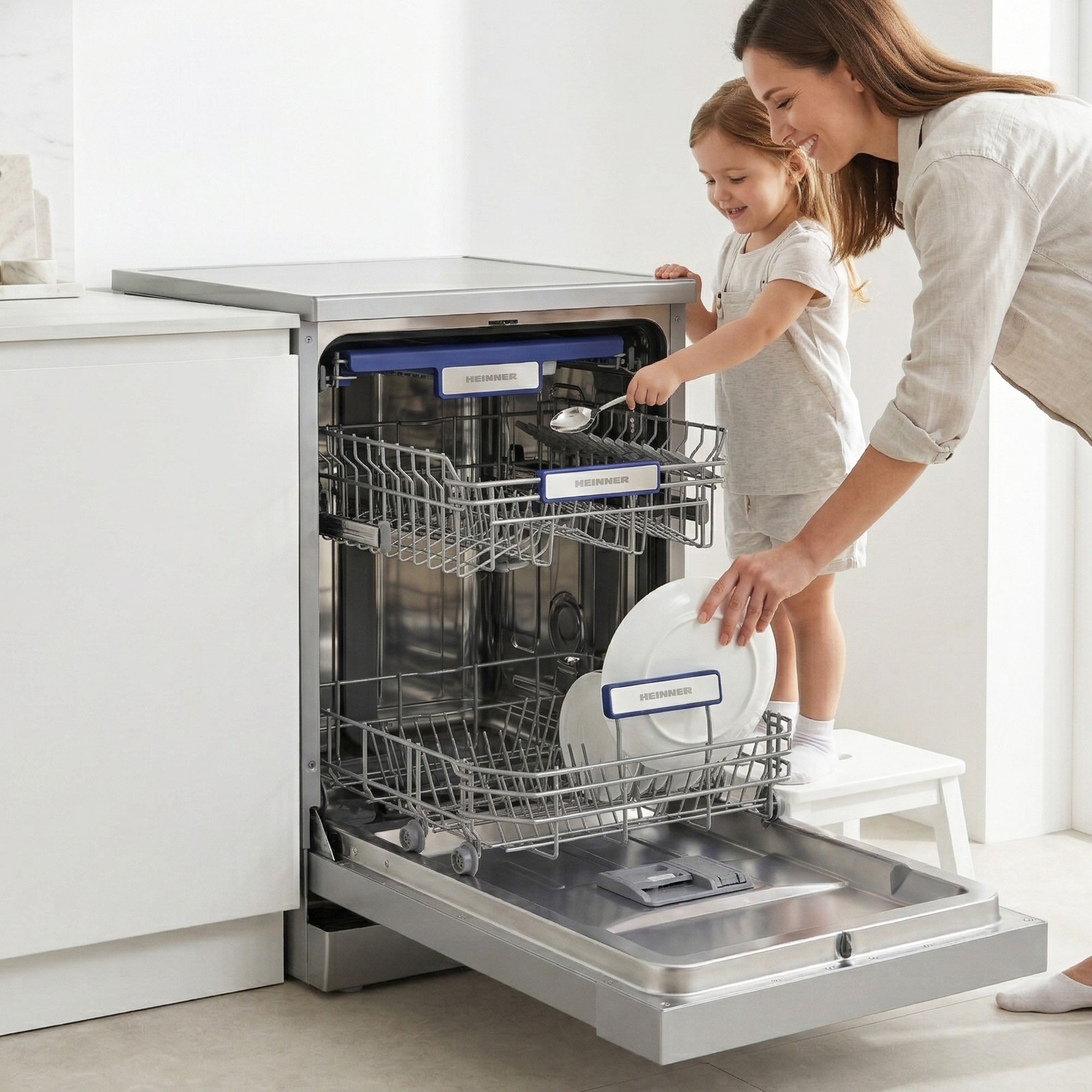 Woman and child load dishwasher. Child uses stool to reach. Clean kitchen.