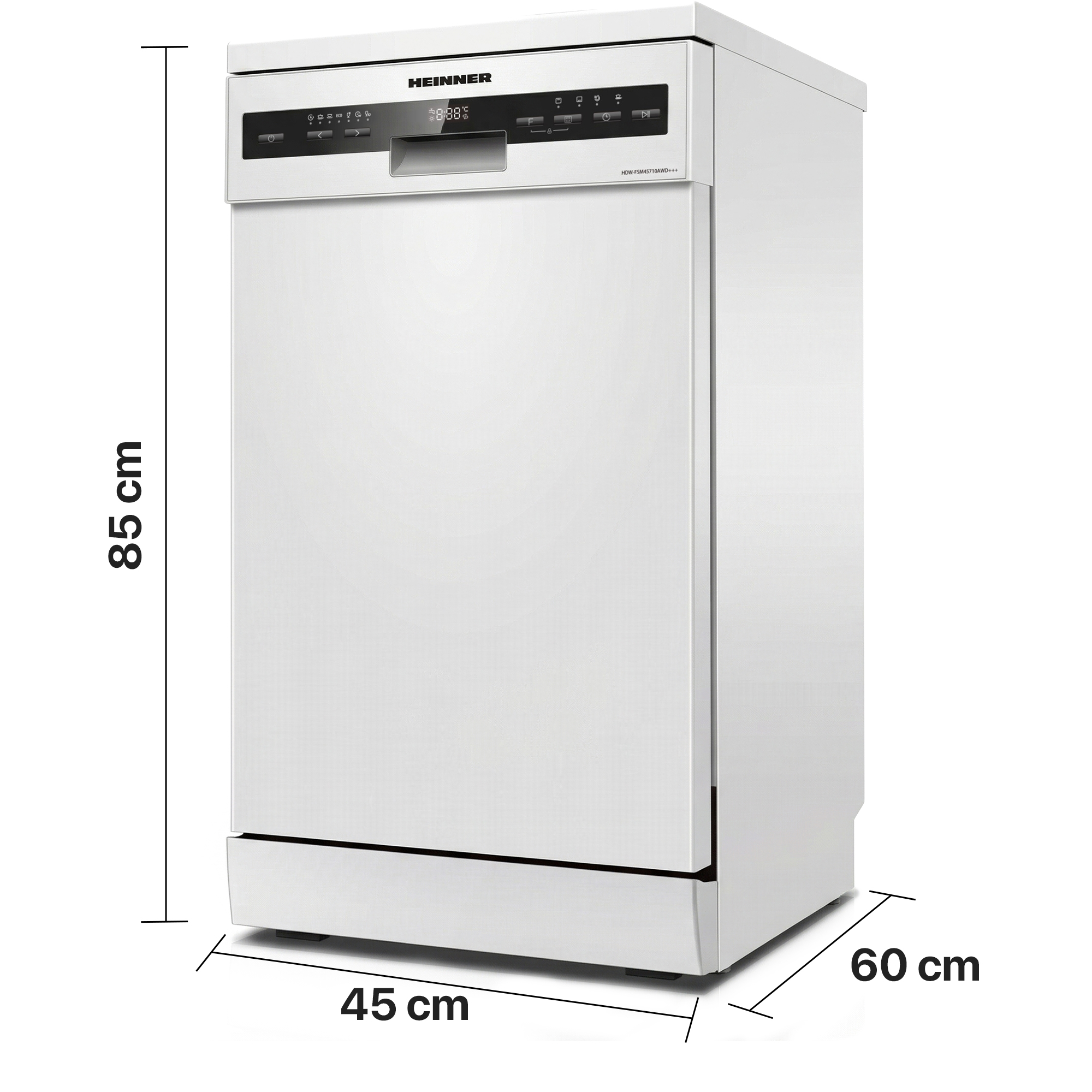 White dishwasher with control panel and dimensions: 85x45x60 cm.