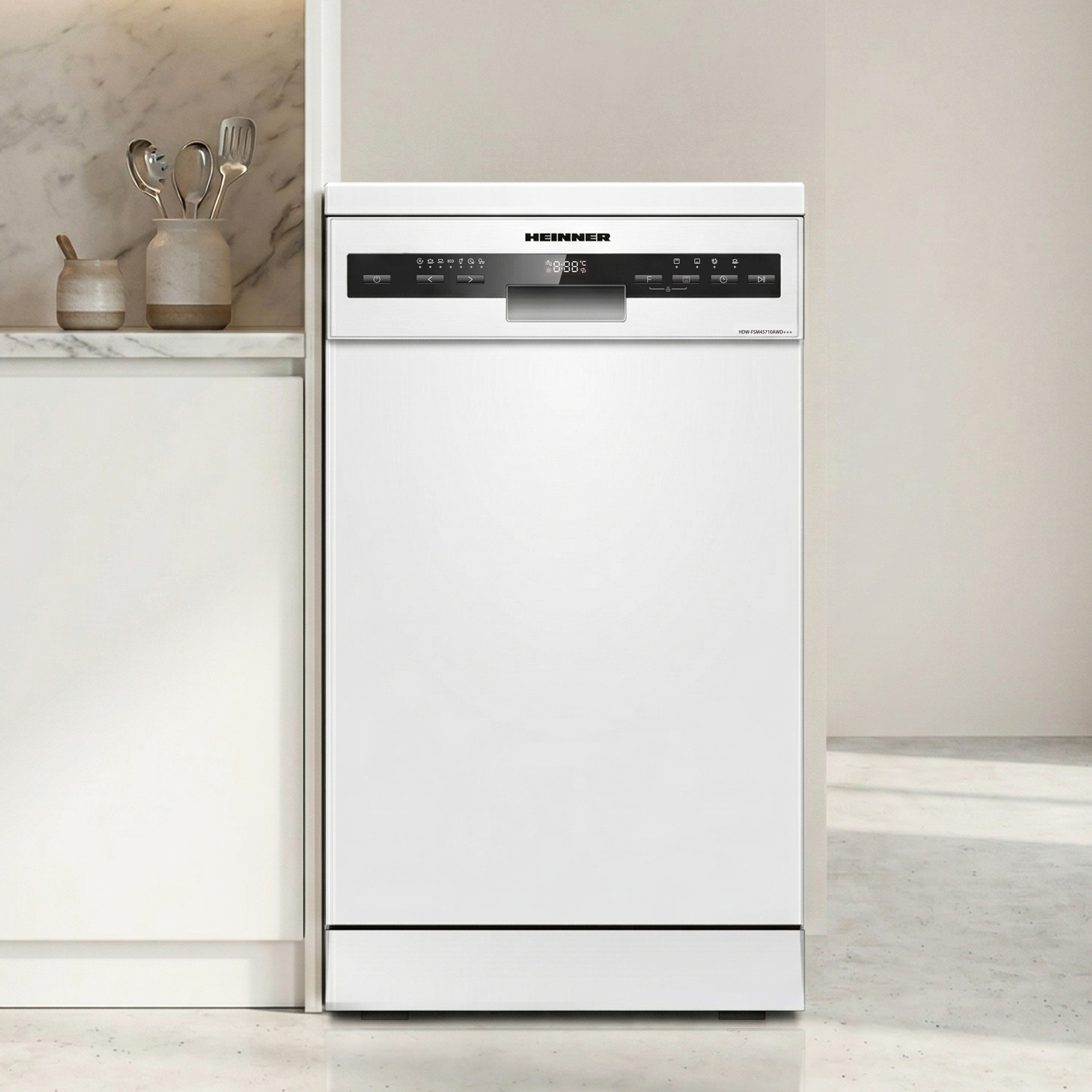 A white HEINNER dishwasher with control panel and digital display.