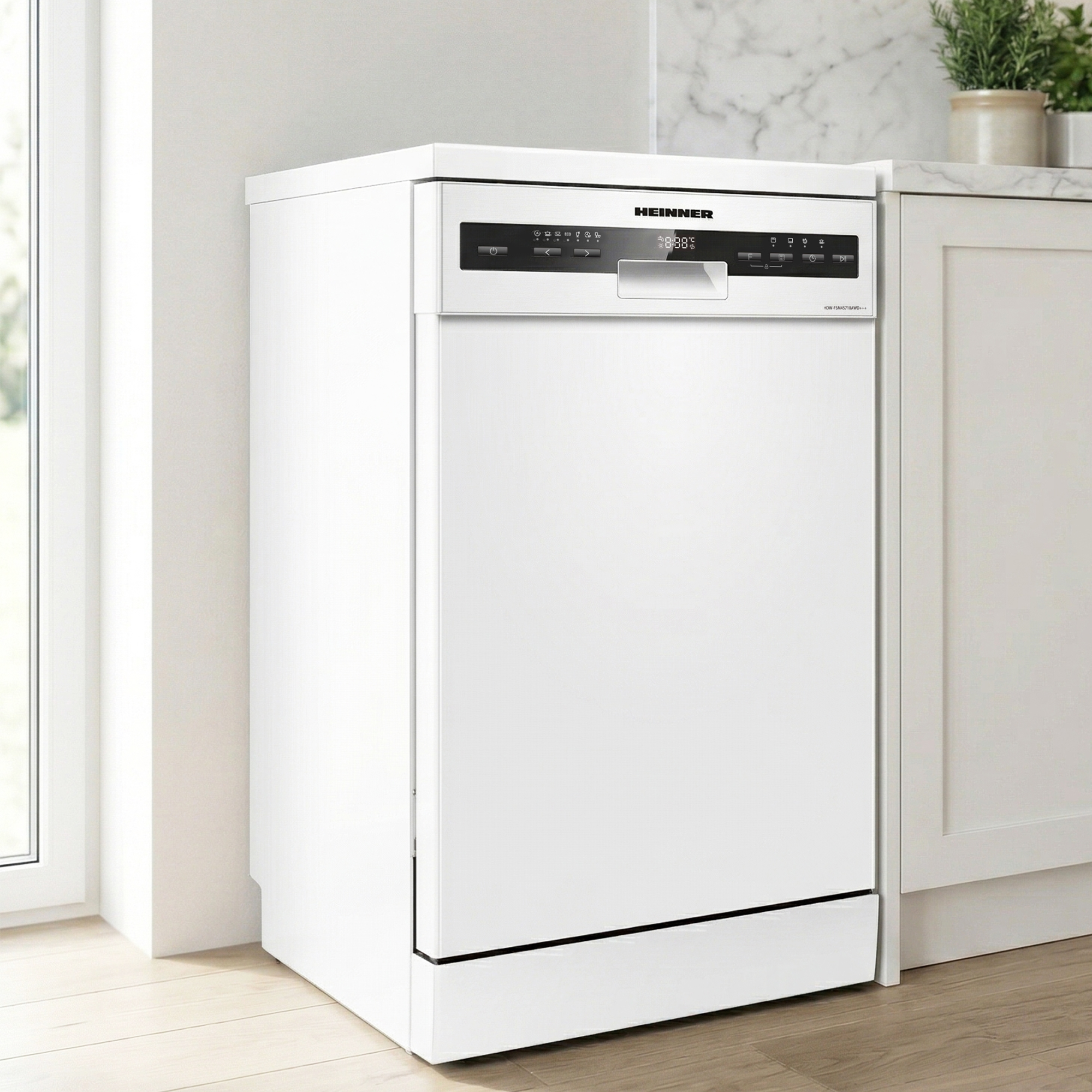 A white dishwasher with a black control panel stands in a modern kitchen next to a window.
