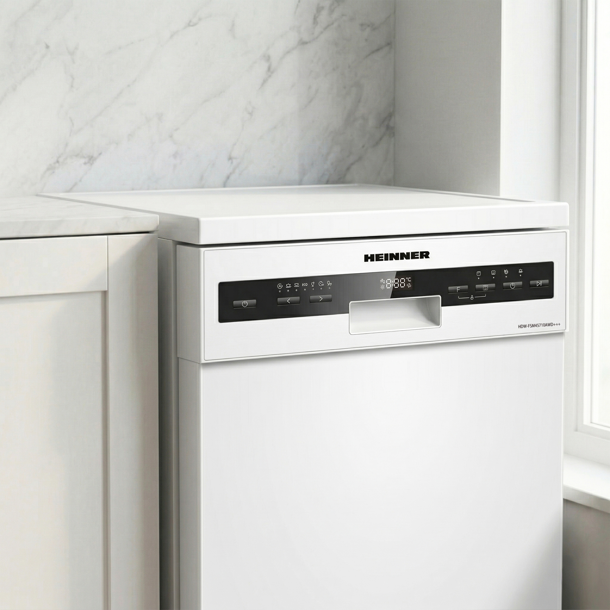 A white dishwasher with a black control panel and digital display.