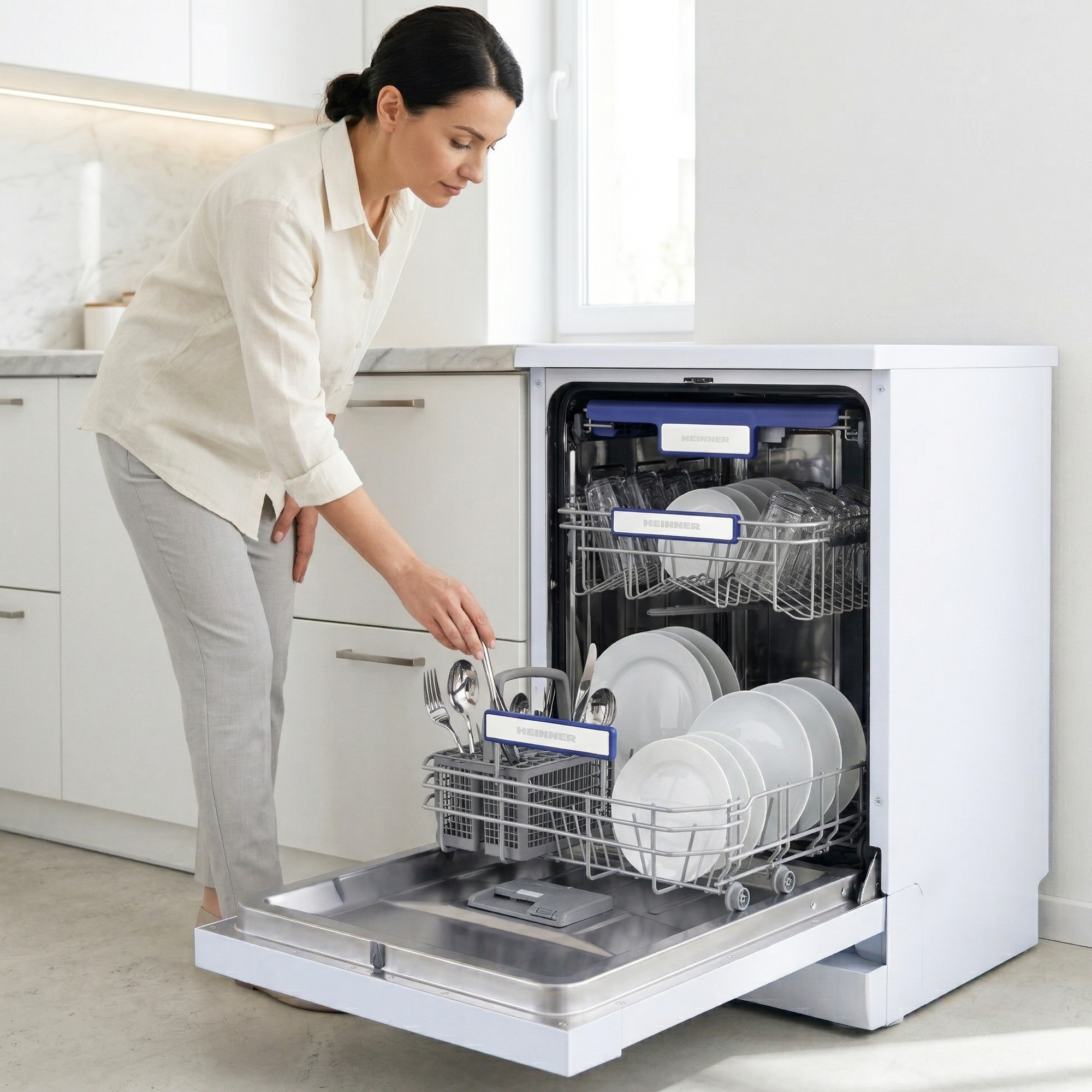 A woman loads dishes into an open dishwasher. Plates and cutlery are visible.