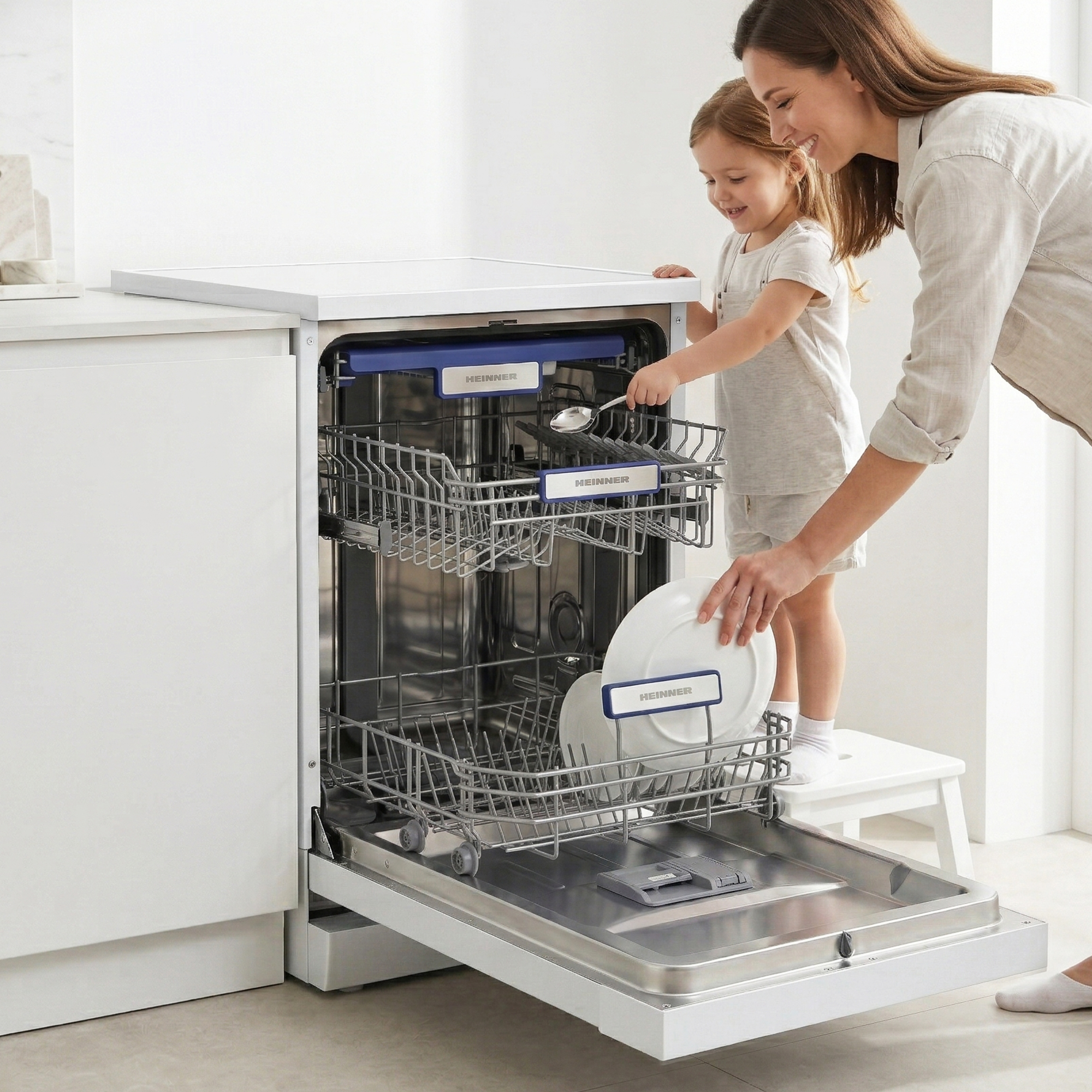 Mother and child loading dishwasher. Child holds spoon, mother holds plate.