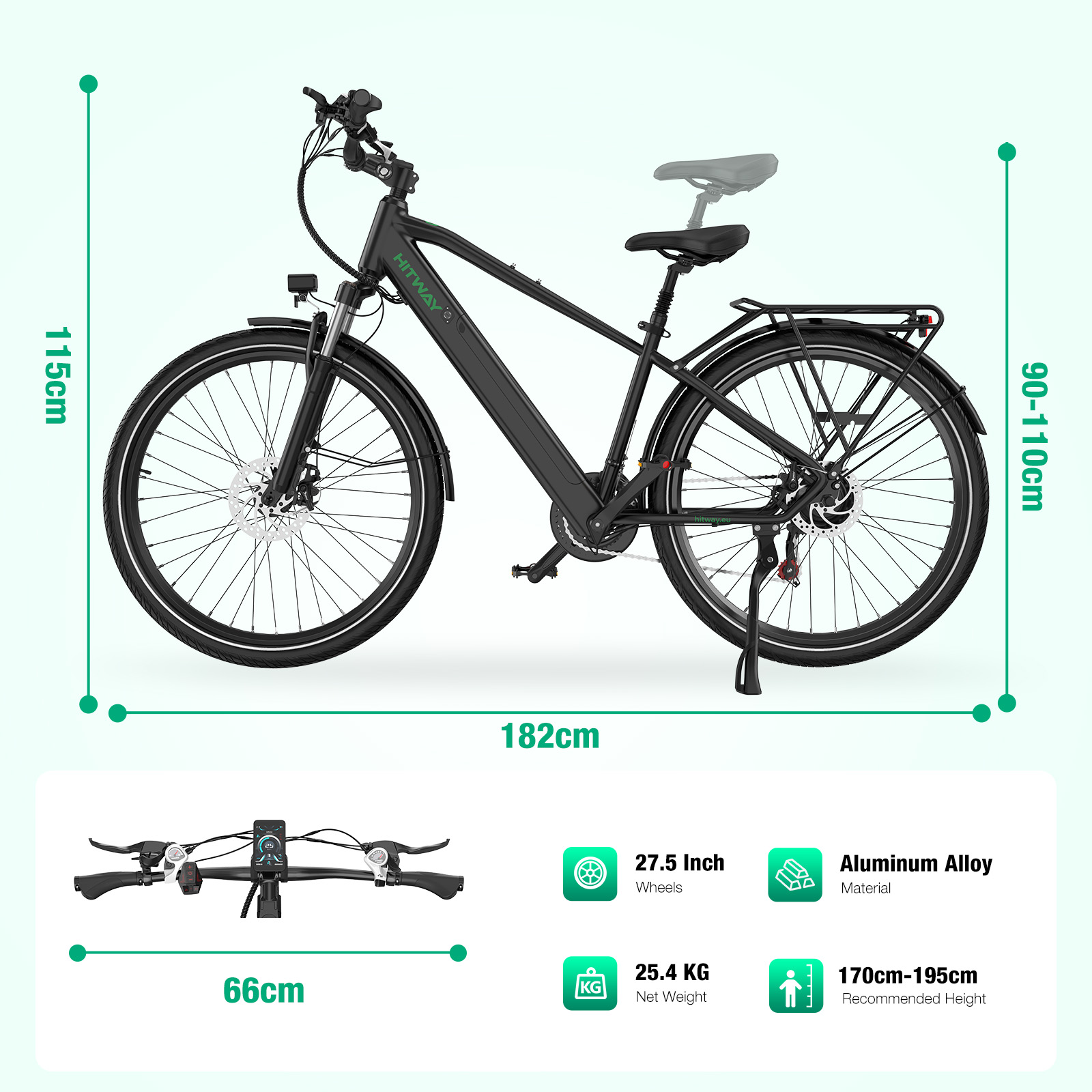 Czarny rower elektryczny, 182cm długi, 115cm wysoki, koła 27,5 cala.