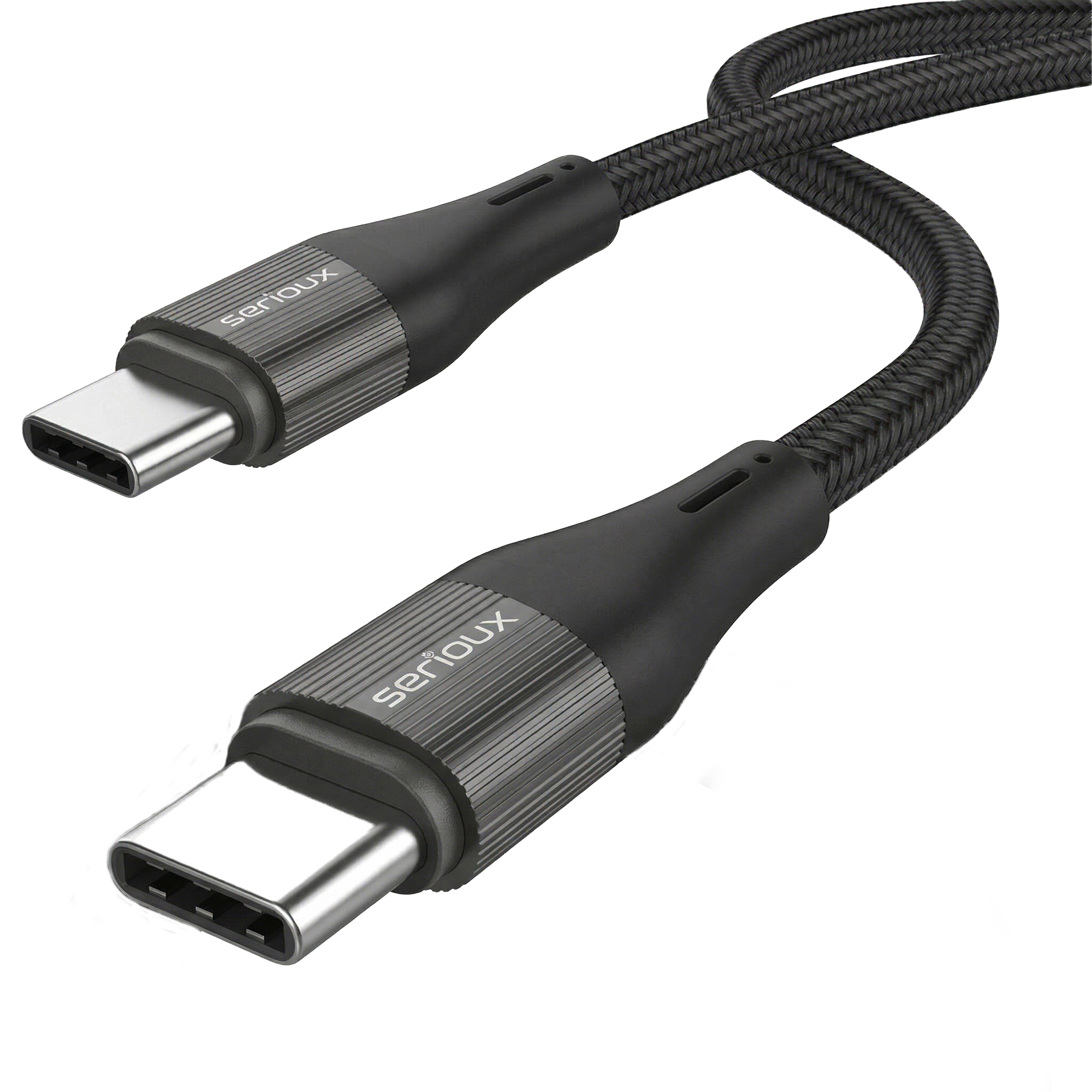 Een zwarte USB-C kabel met gevlochten mantel en metalen connectoren.