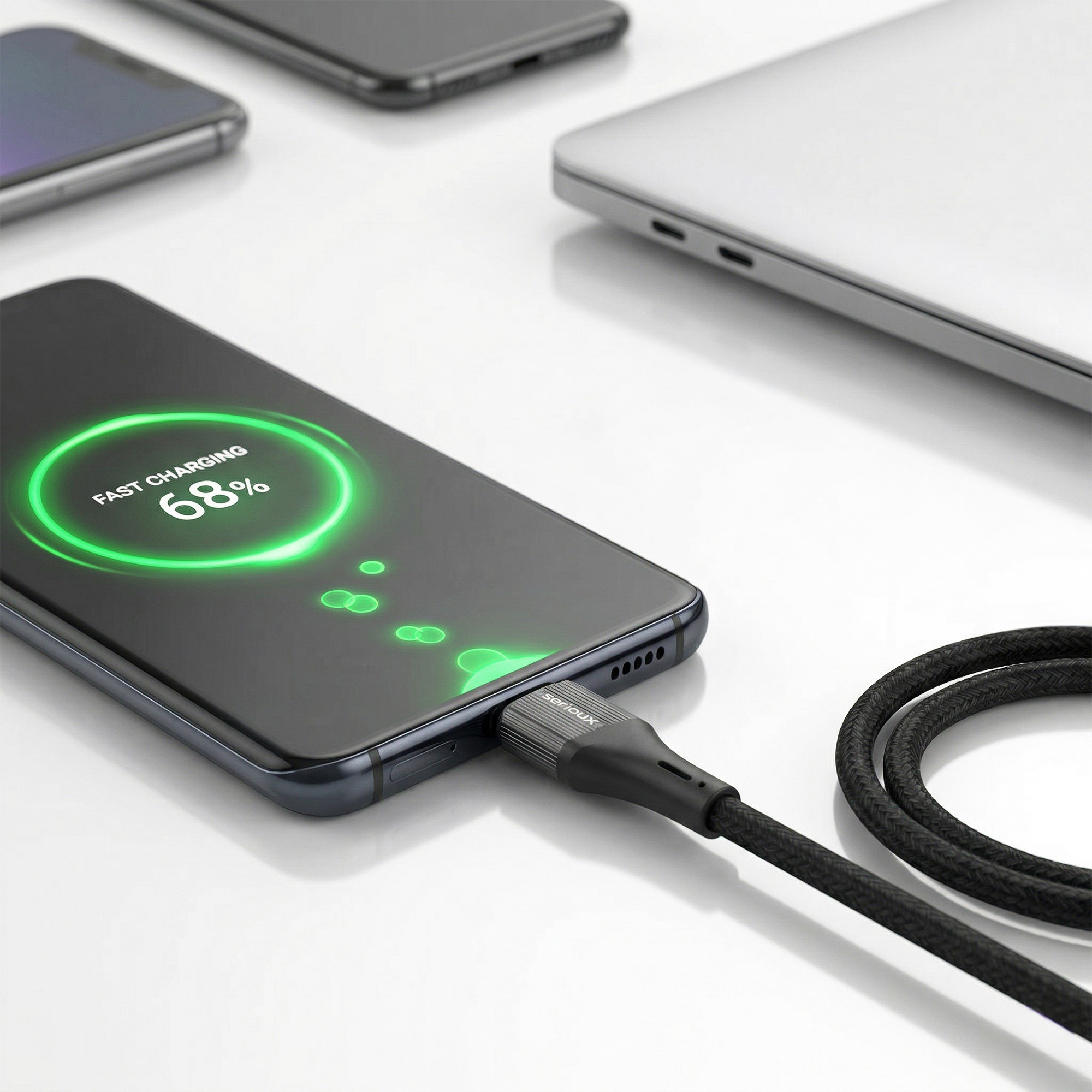 Een smartphone laadt op via een kabel. Het scherm toont 68% snelladen.
