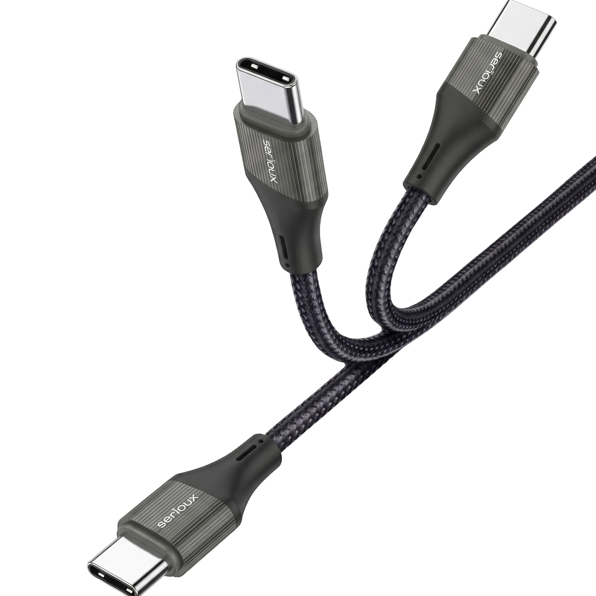 Een zwarte USB-C kabel met twee connectoren.