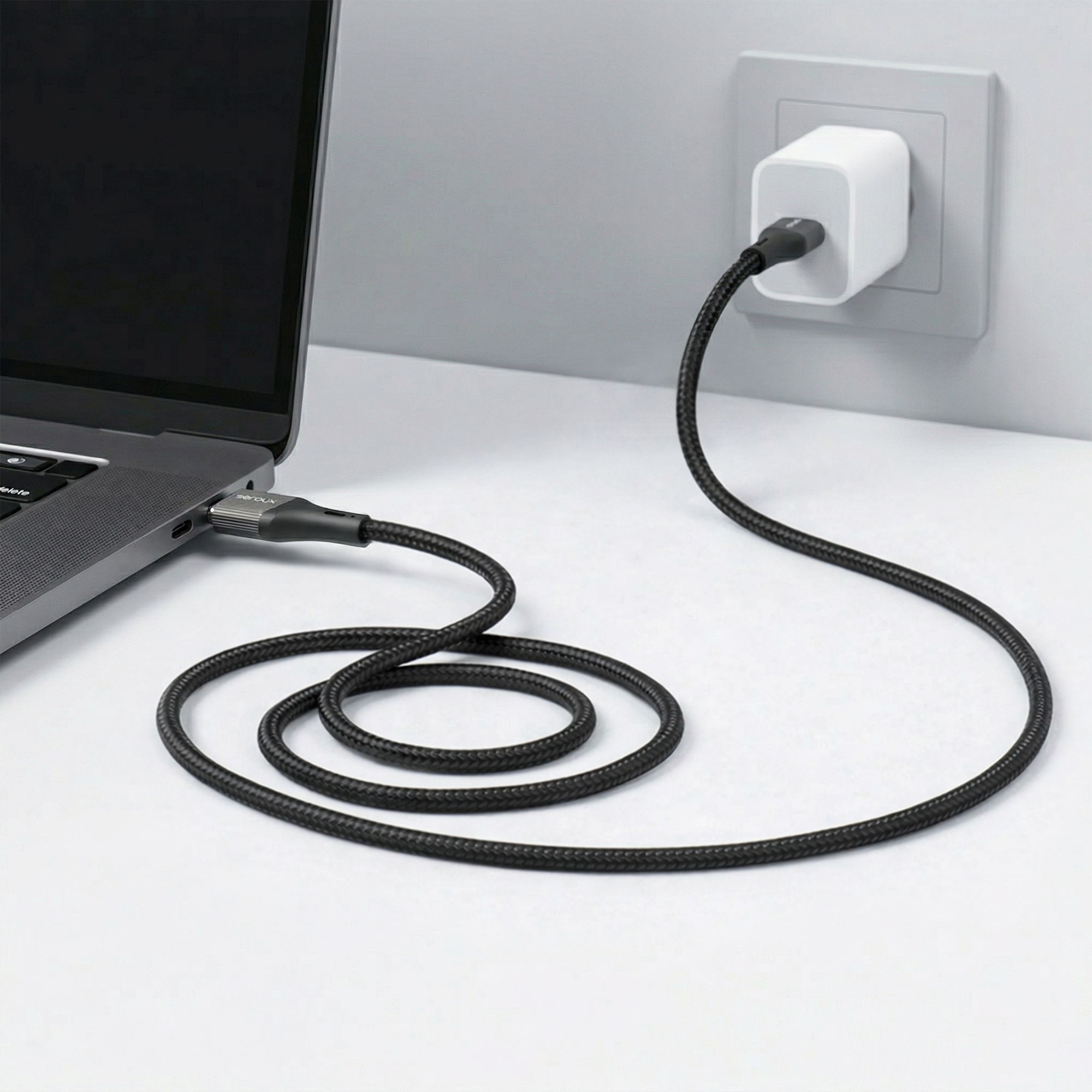 Een zwarte gevlochten kabel verbindt een laptop met een witte wandlader in een stopcontact.