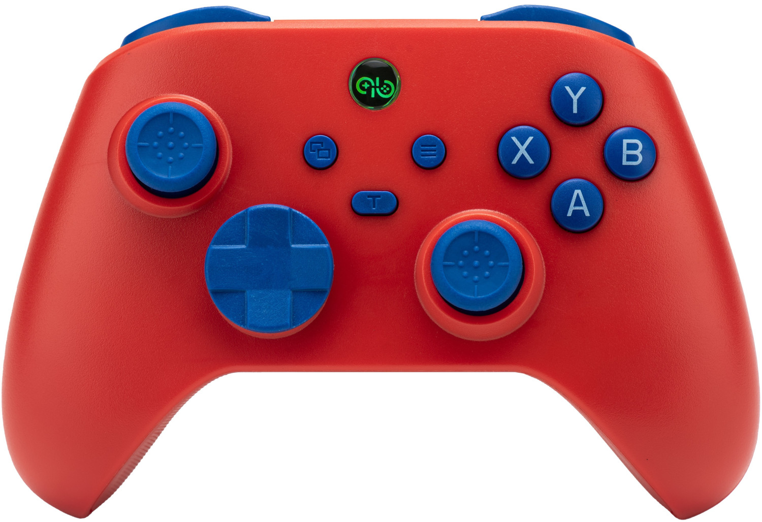 Un controller per videogiochi rosso con pulsanti e joystick blu.