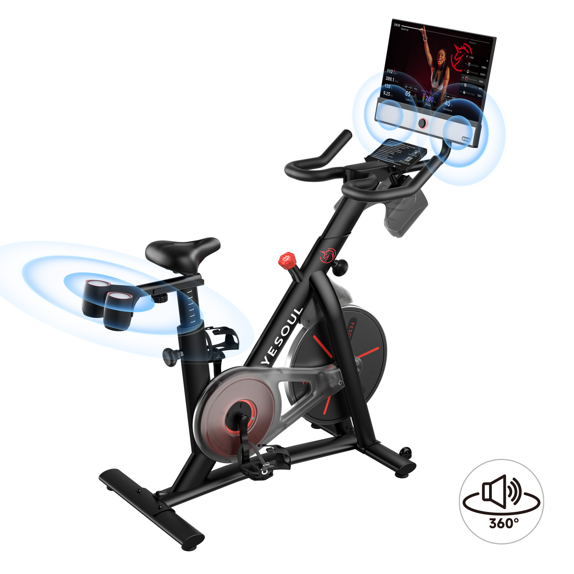 Ein schwarzes Indoor-Fahrrad mit einem großen Bildschirm, der Trainingsdaten anzeigt.