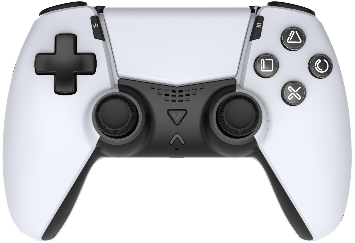 Un controller bianco e nero con due joystick e pulsanti.
