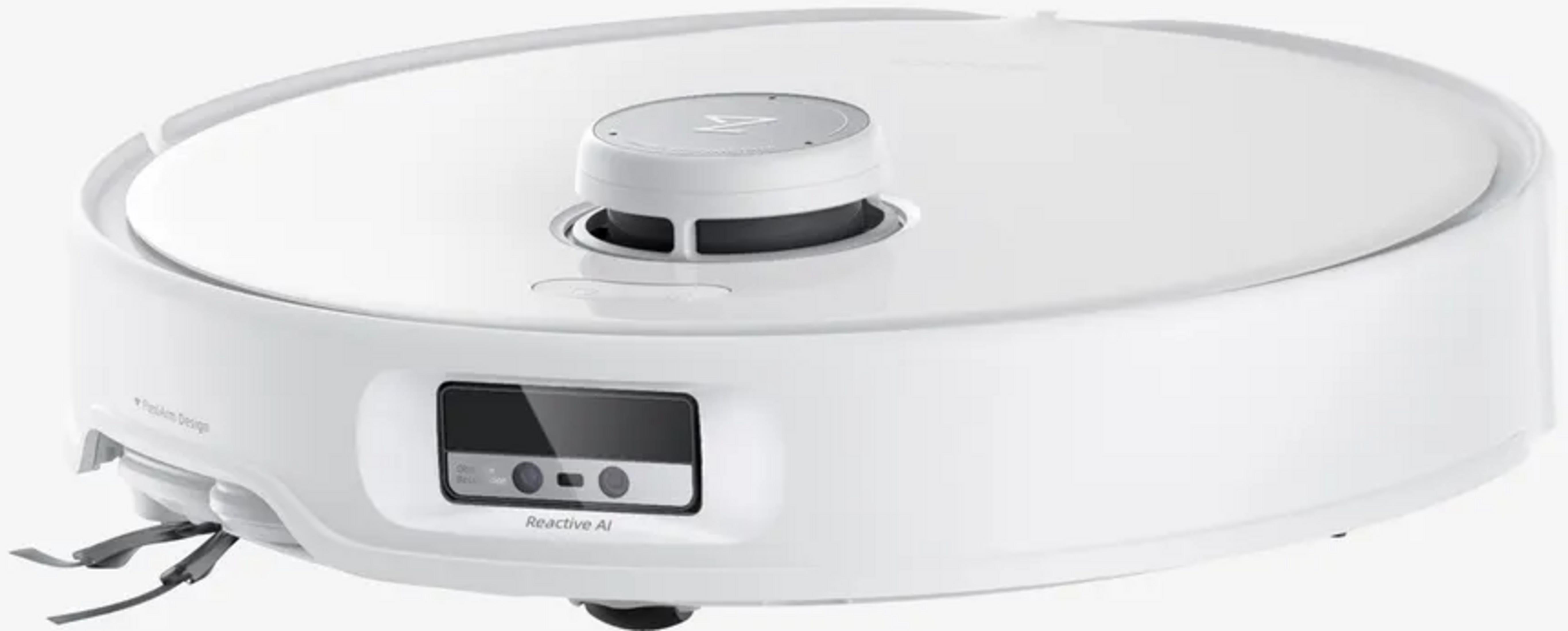 Biały robot sprzątający z modułem nawigacyjnym na górze i kamerą z przodu.