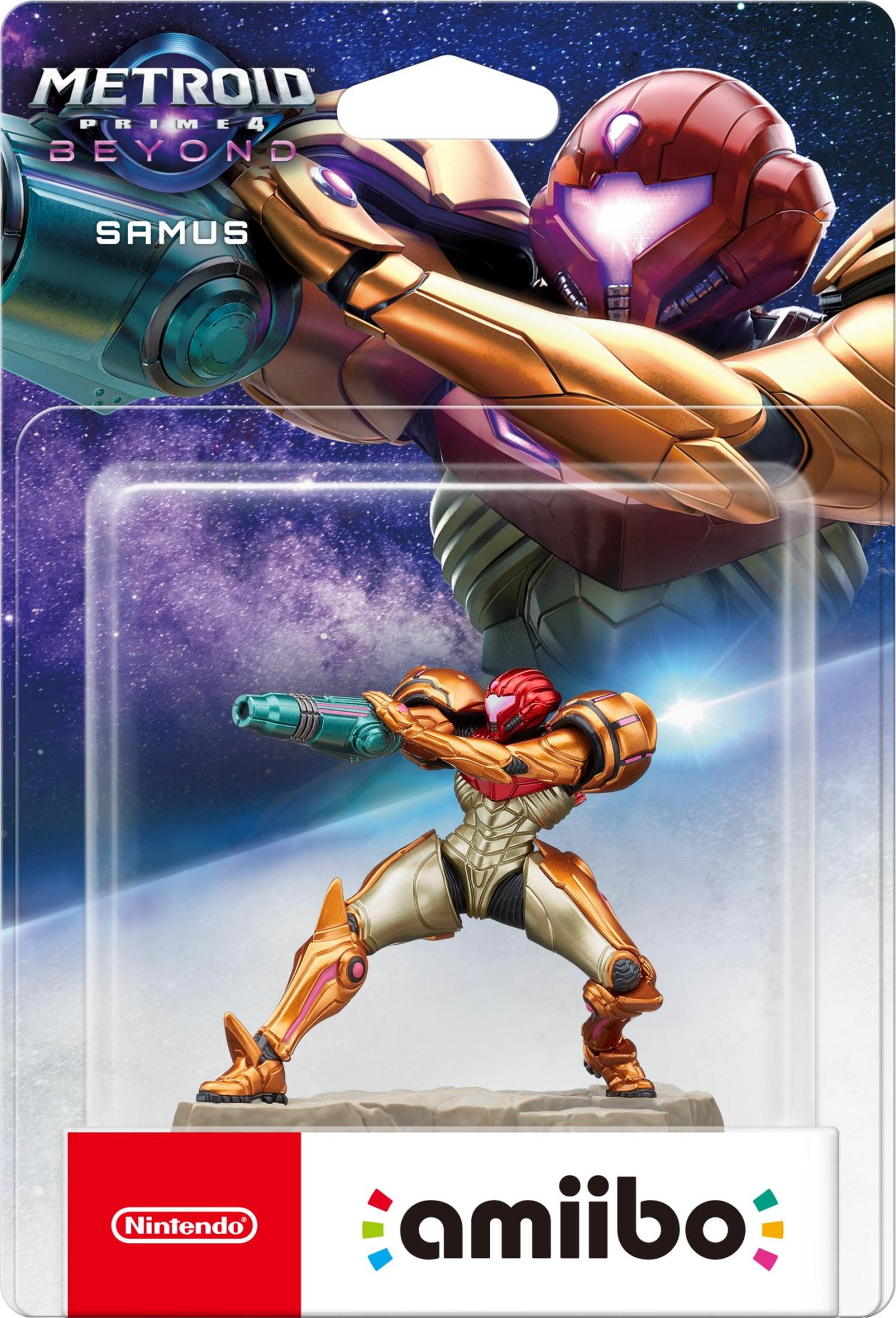 Samus Aran con armadura sostiene un arma, con fondo espacial.