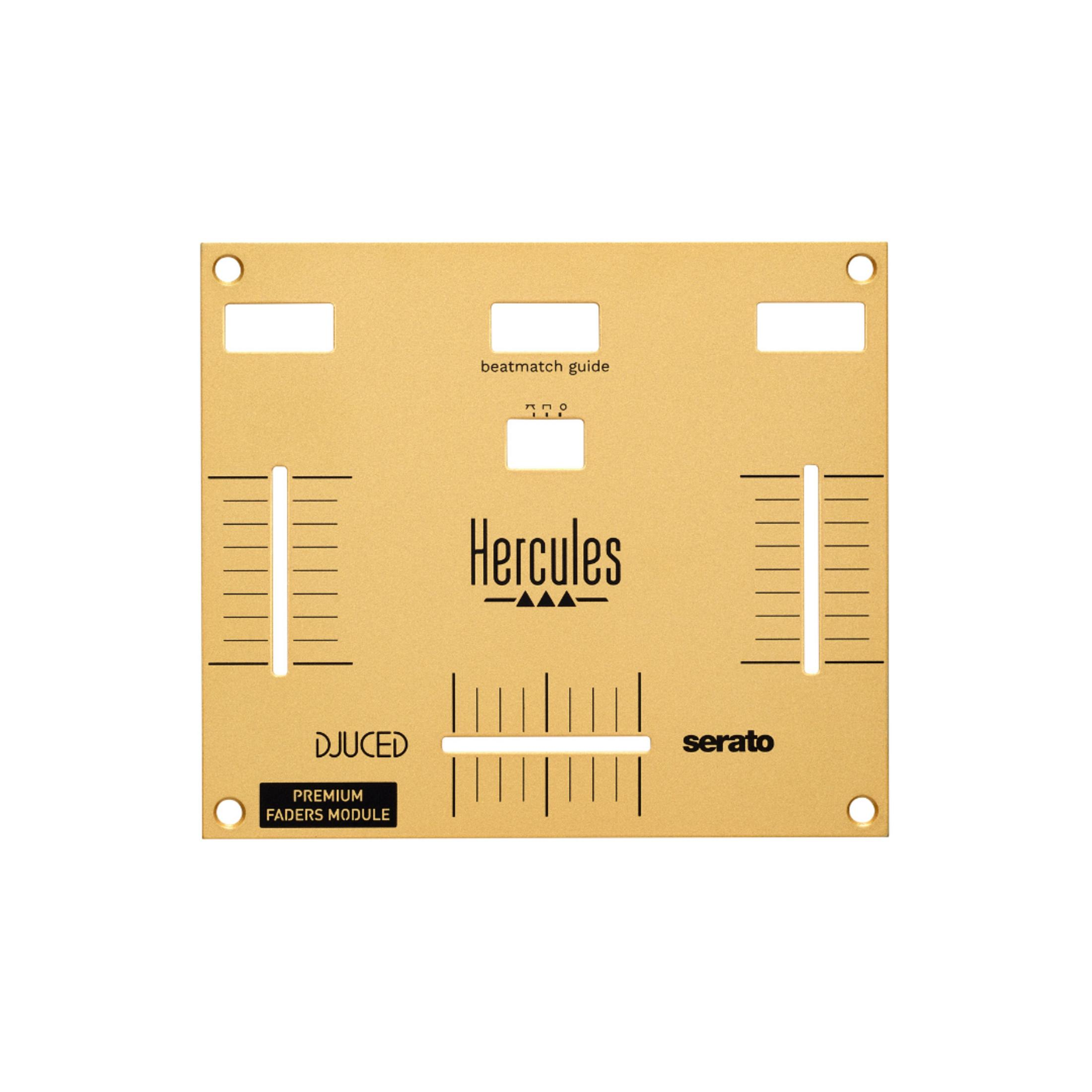 Placa dorada de DJ con escalas, texto "Hercules" y "Serato".
