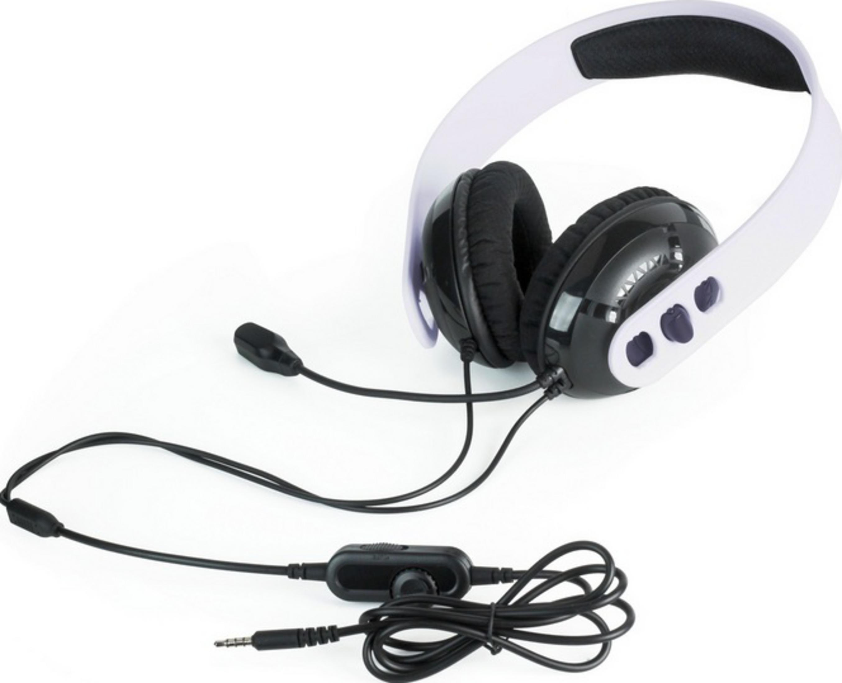 Cuffie nere con archetto bianco e microfono, con cavo e controllo del volume.