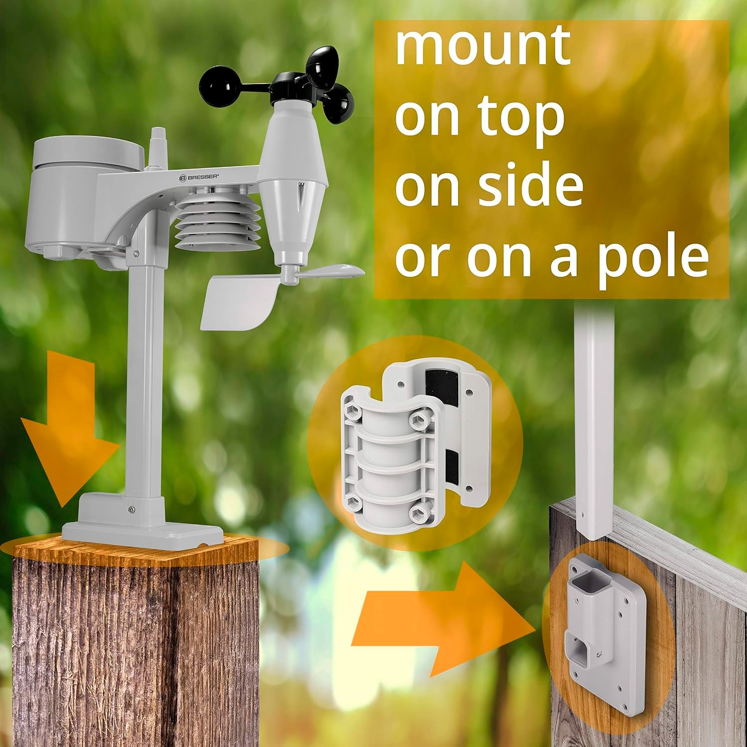 Ein graues Wetterstation-Set mit Windmesser, montiert auf einem Holzpfosten.