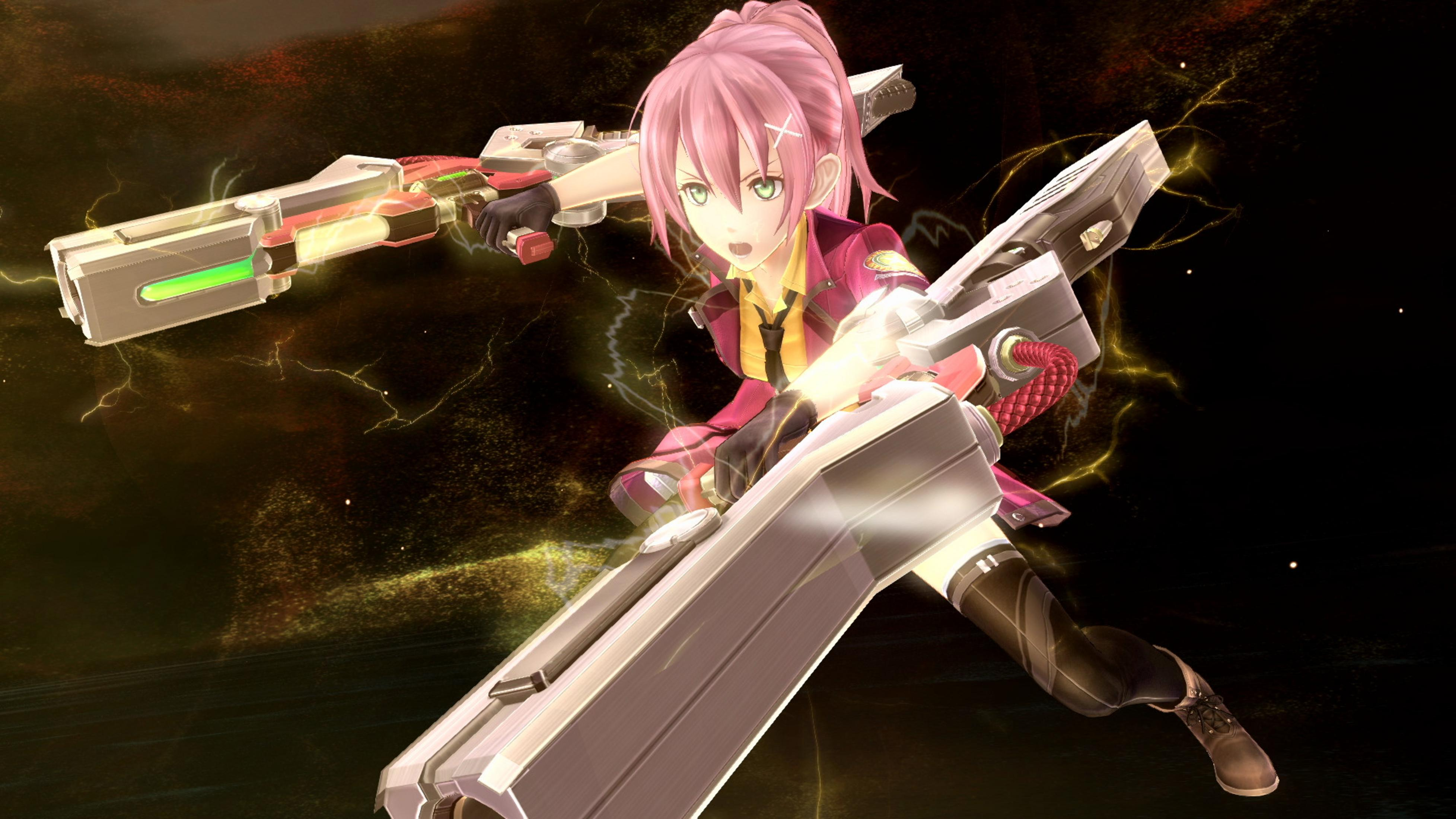 Personaggio anime con capelli rosa e due armi futuristiche.