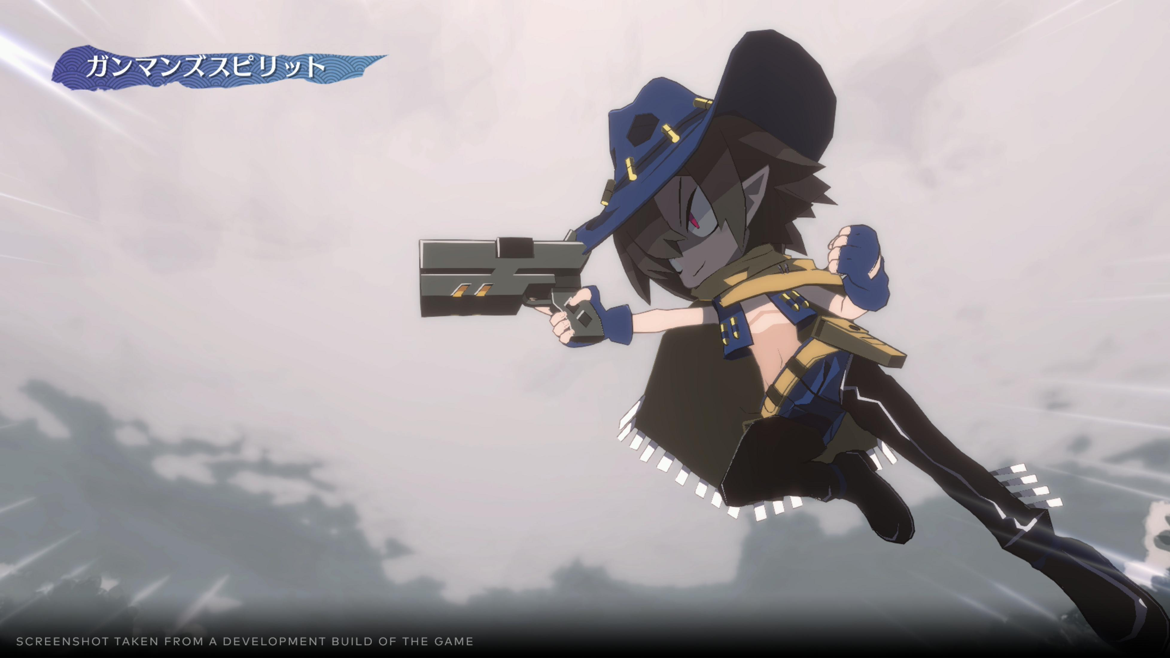Anime-Charakter mit Hut und Waffe, fliegt vor bewölktem Himmel.