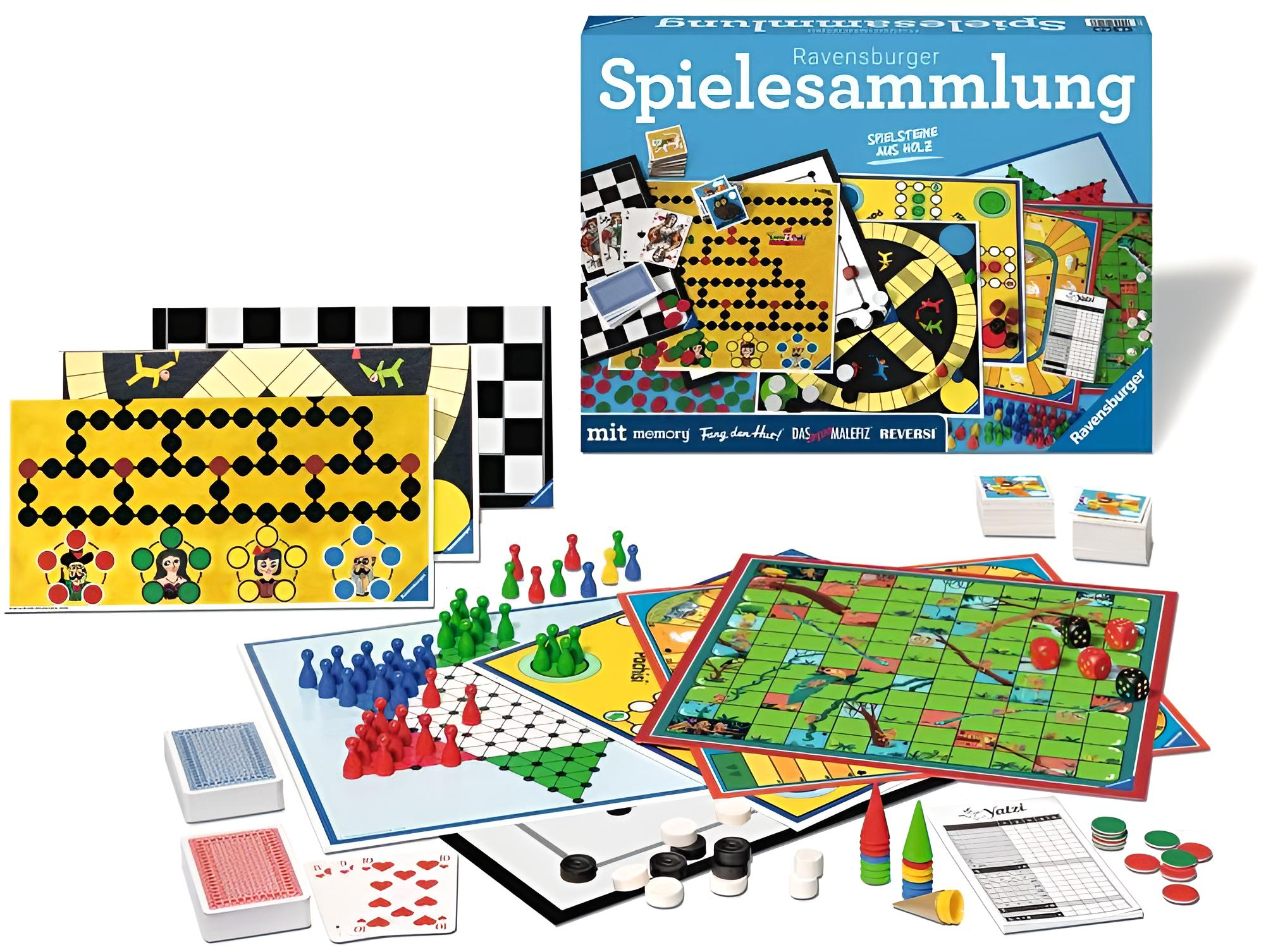Kolekcja gier Ravensburger z planszówkami, kartami i pionkami.