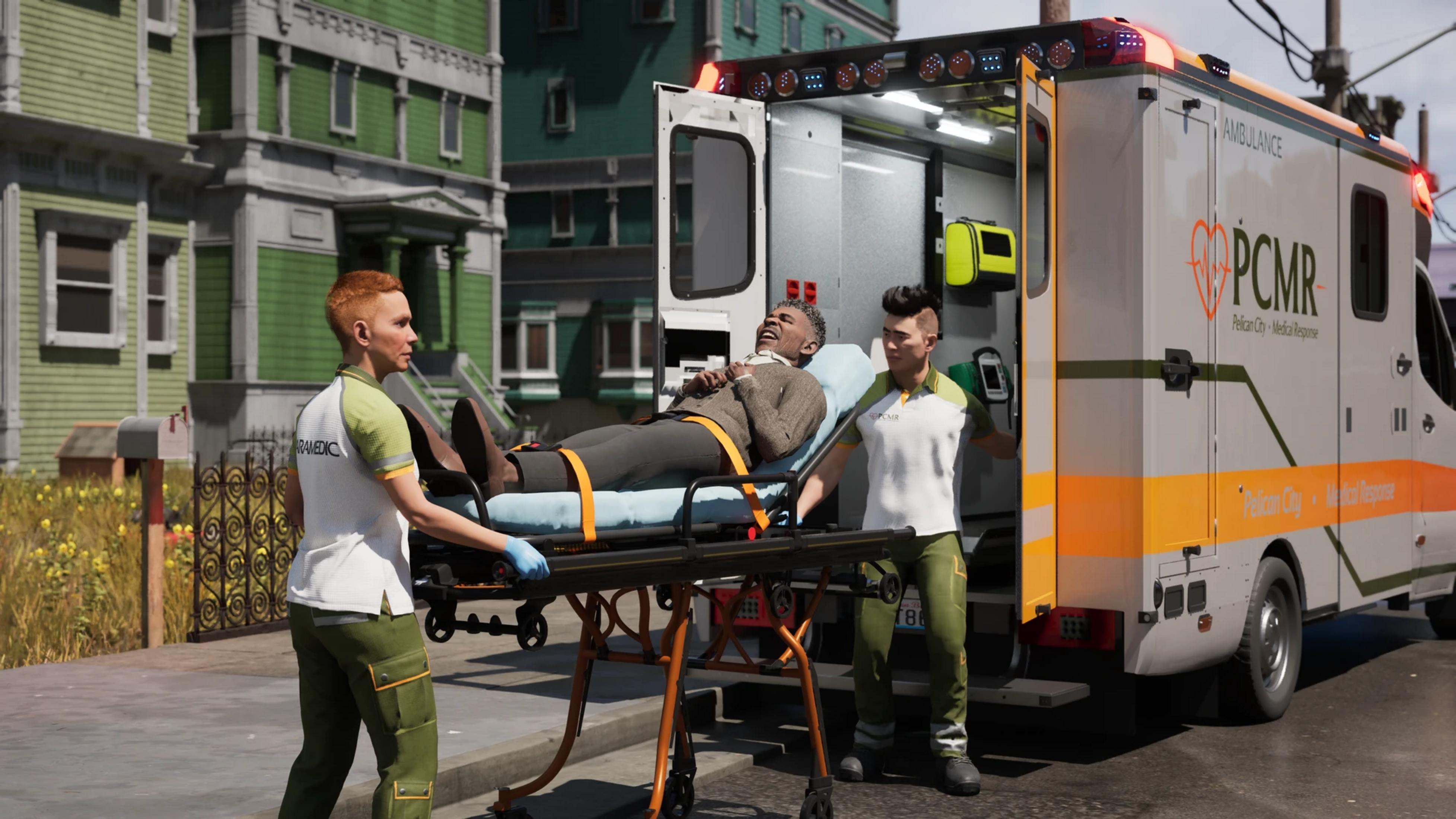 Rettungswagen mit Patienten auf Trage, von Sanitätern in Grün und Weiß zugeparkt.