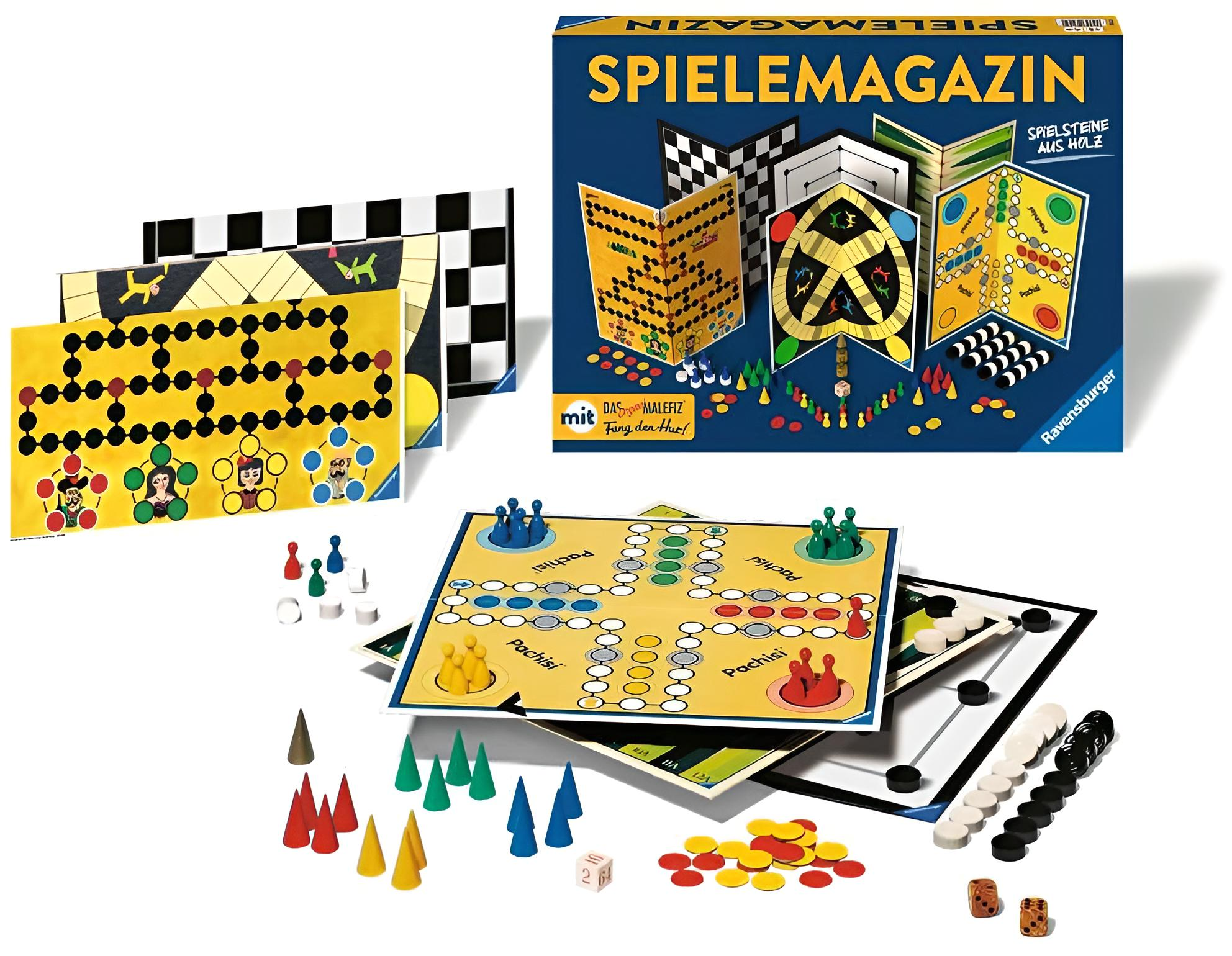 Brettspiele und Zubehör, darunter Pachisi und Schach, auf weißem Hintergrund.