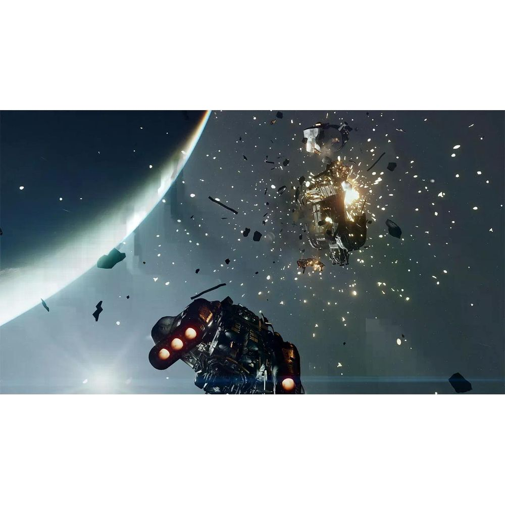Ein Raumschiff explodiert im Weltraum, Trümmer wirbeln, ein Planet im Hintergrund.