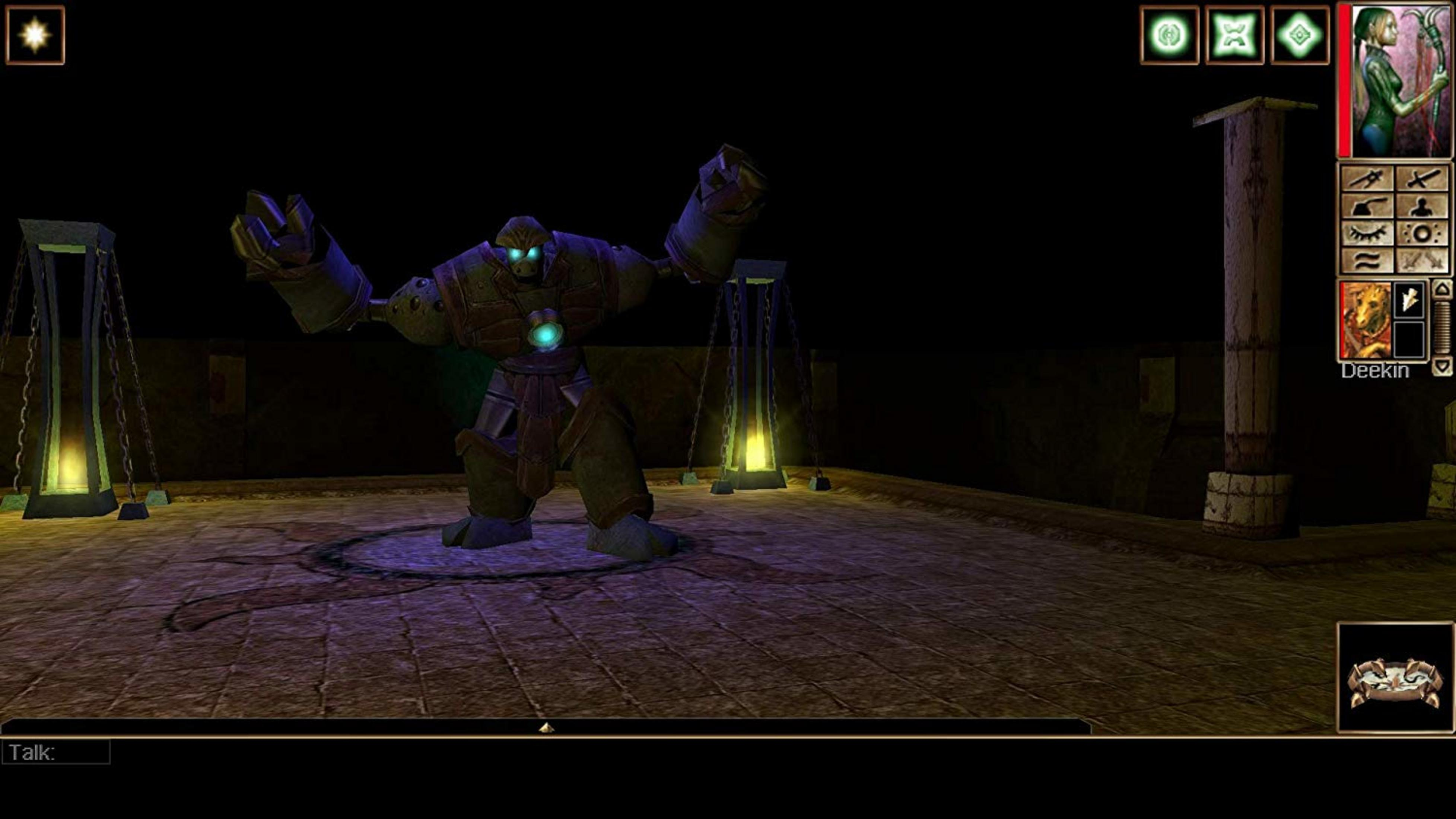 Ein großer, steinerner Golem mit blauen Augen steht auf einer runden Plattform.