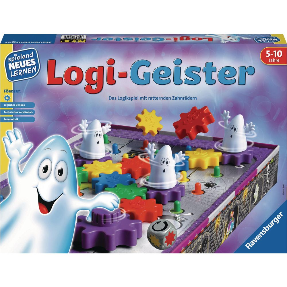 Brettspiel mit Geistern und bunten Zahnrädern, das Logisches Denken fördert.