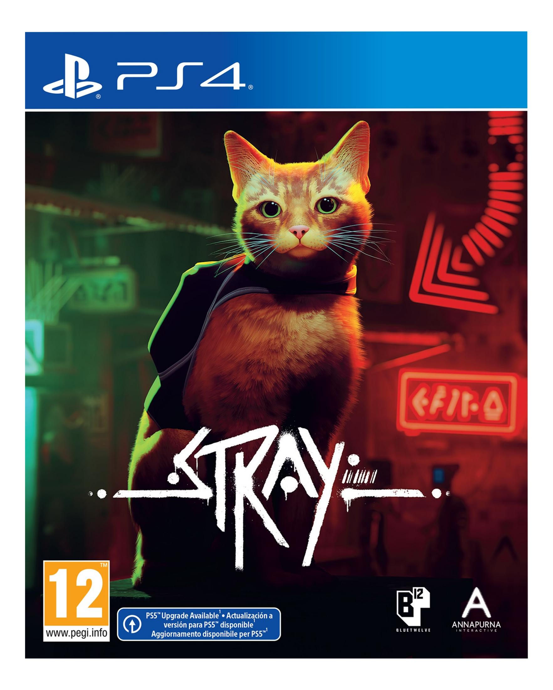 Copertina gioco PS4: Un gatto con zaino, luci al neon e il titolo 'STRAY'.