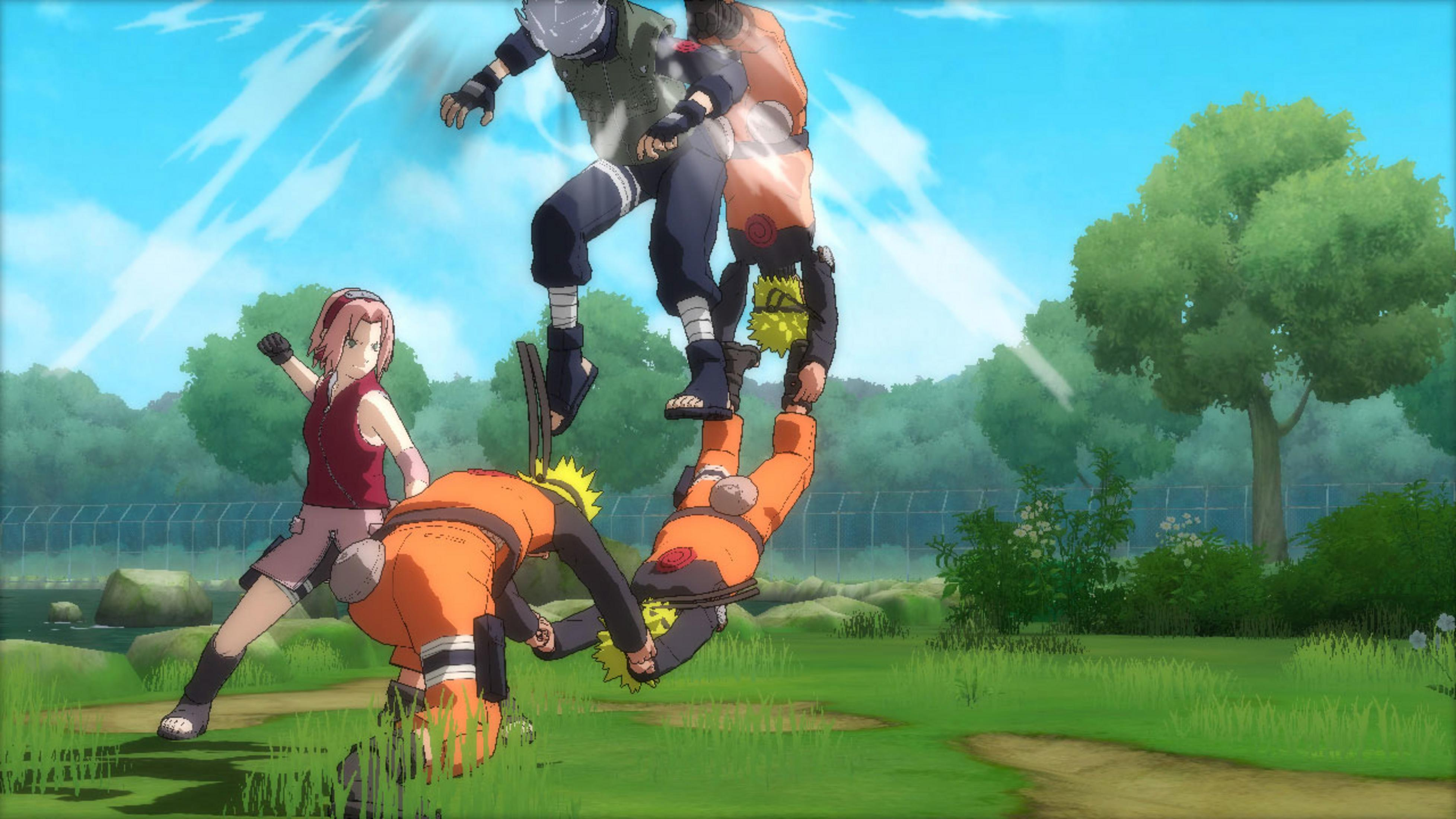 Vier Charaktere in einem Anime-Kampf, grüne Landschaft im Hintergrund.