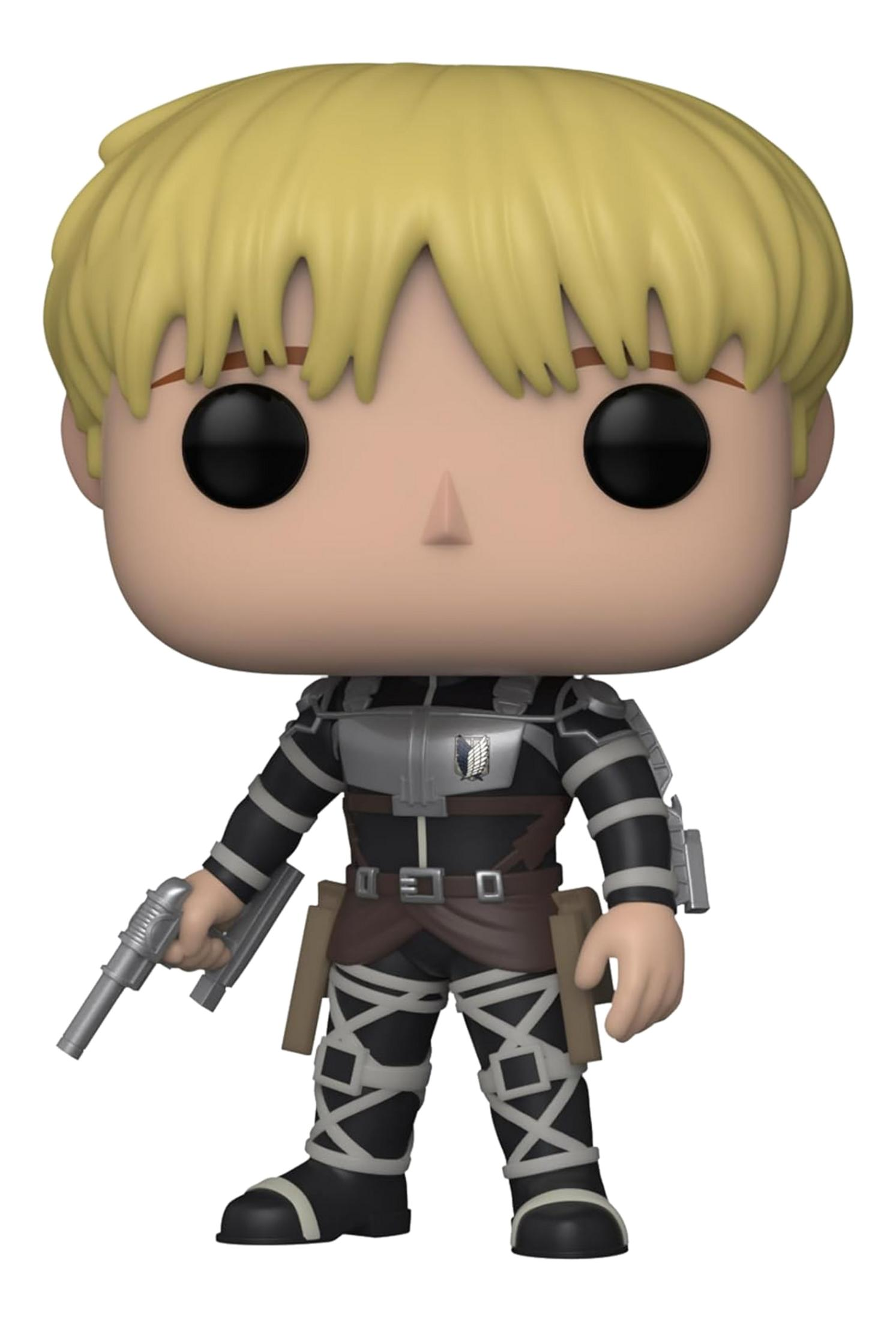 Ein Funko Pop von Armin Arlert mit blonden Haaren, der eine Waffe hält.