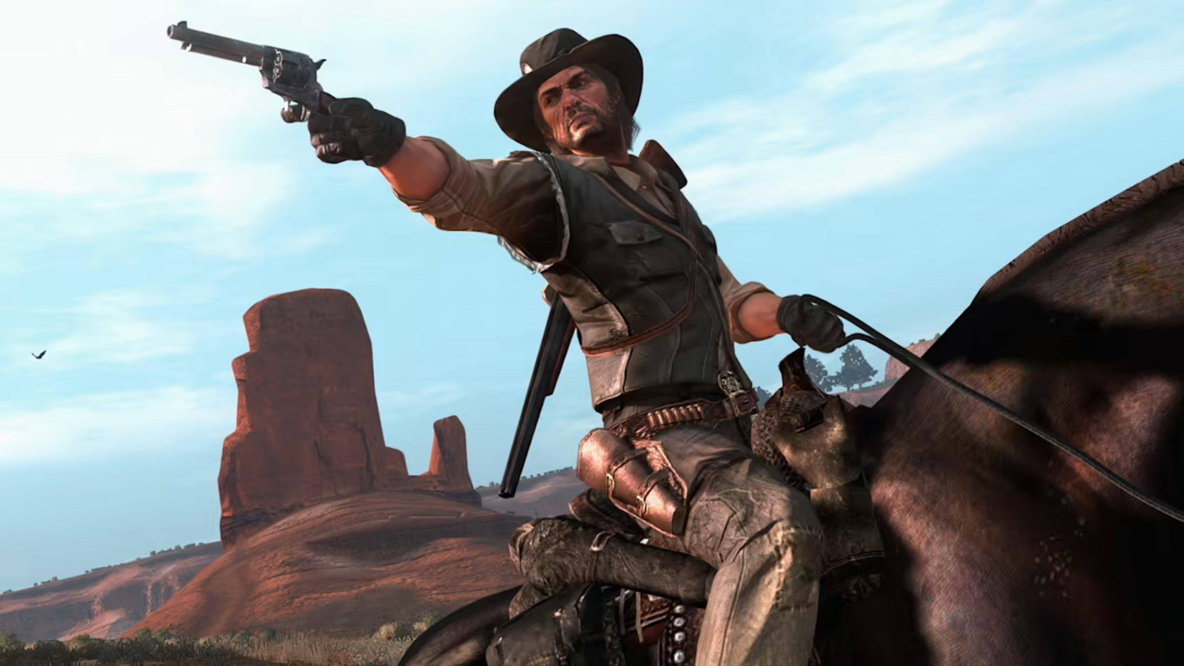 Ein Cowboy mit Hut reitet auf einem Pferd und hält eine Pistole.