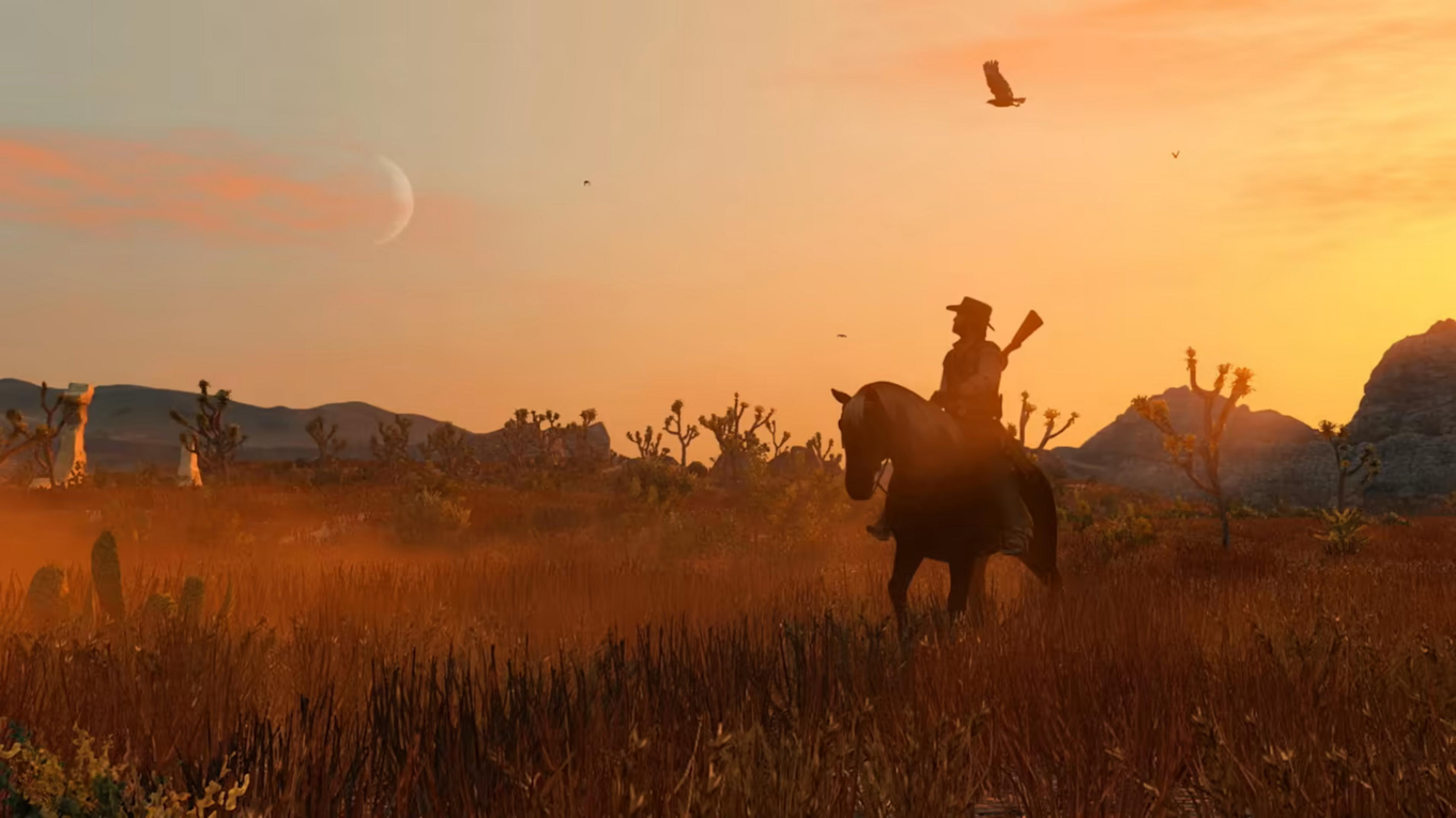 Ein Reiter auf einem Pferd reitet durch eine trockene Landschaft bei Sonnenuntergang mit einer Sichelmond.