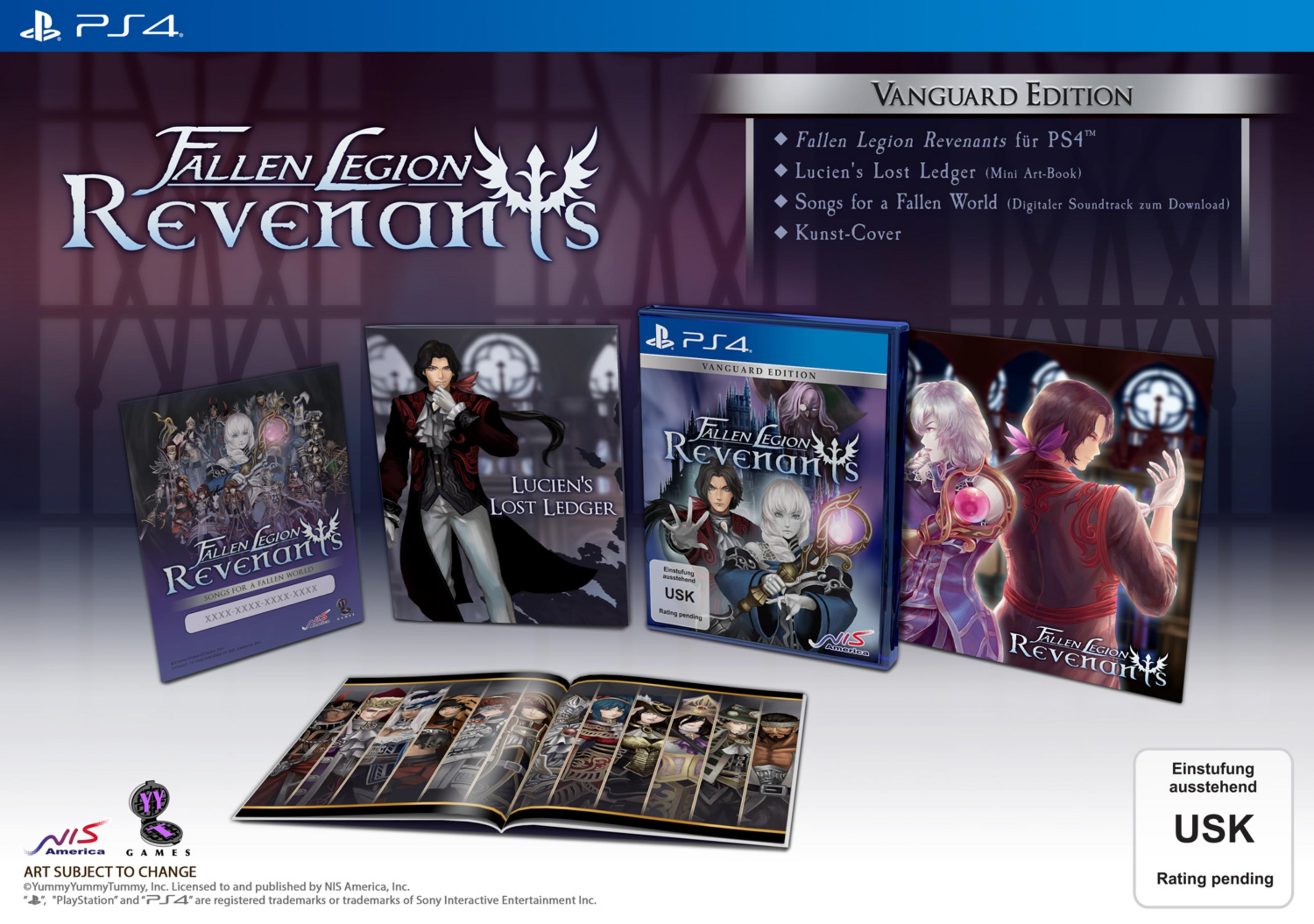 Vier PS4-Spiele-Editionen von Fallen Legion Revenants im Regal, darunter eine Vanguard Edition.