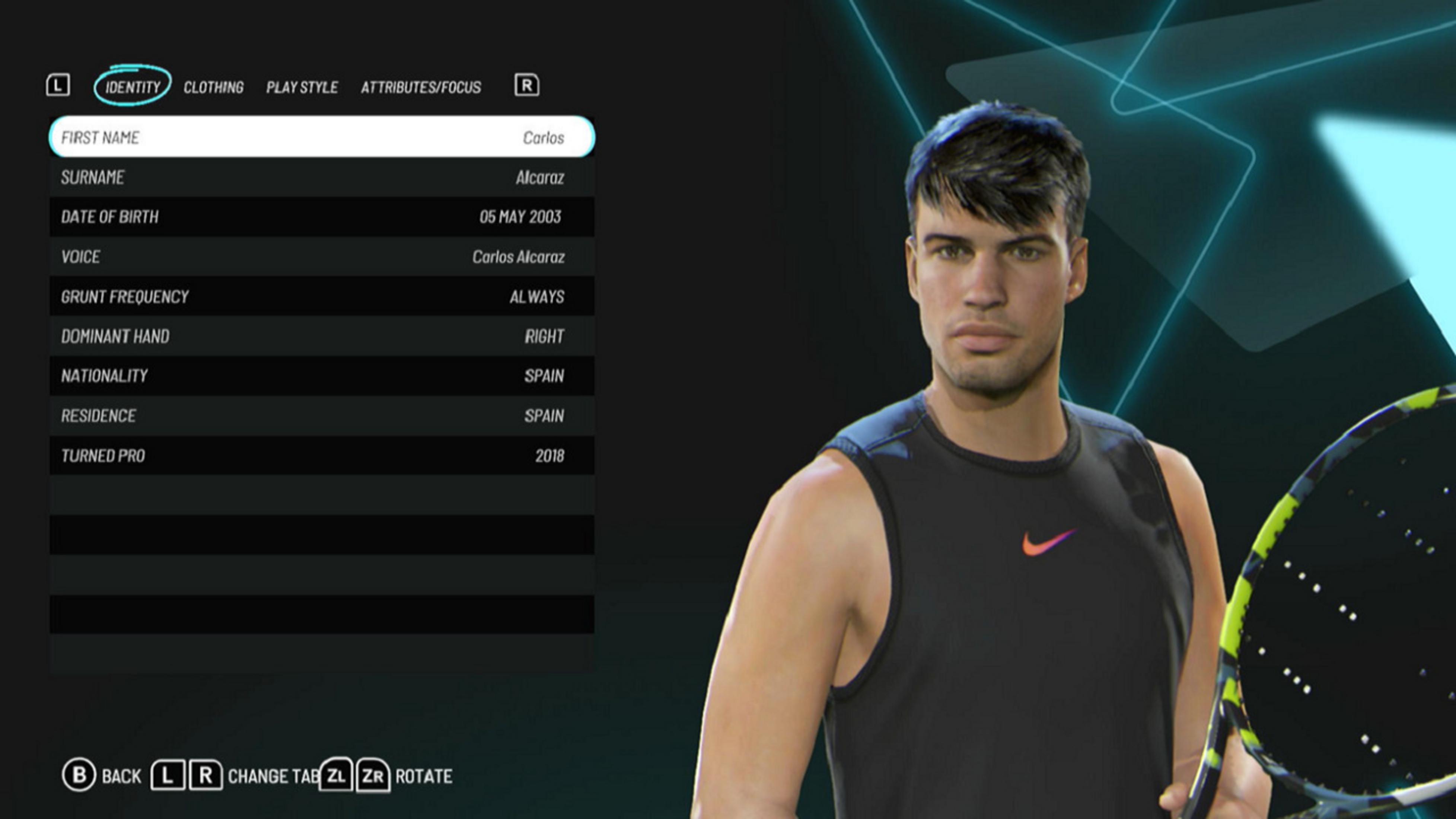 Ein Tennisspieler mit dunklen Haaren trägt ein schwarzes Nike-Oberteil und hält einen Schläger.