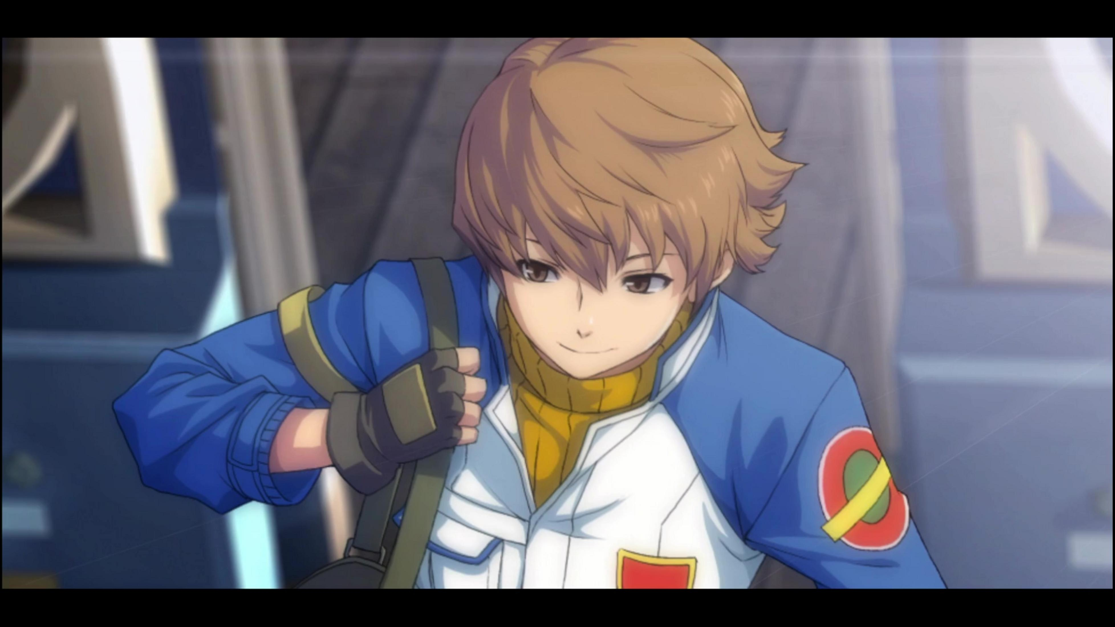 Ein Anime-Charakter mit braunen Haaren trägt eine blaue Jacke und gelben Pullover.