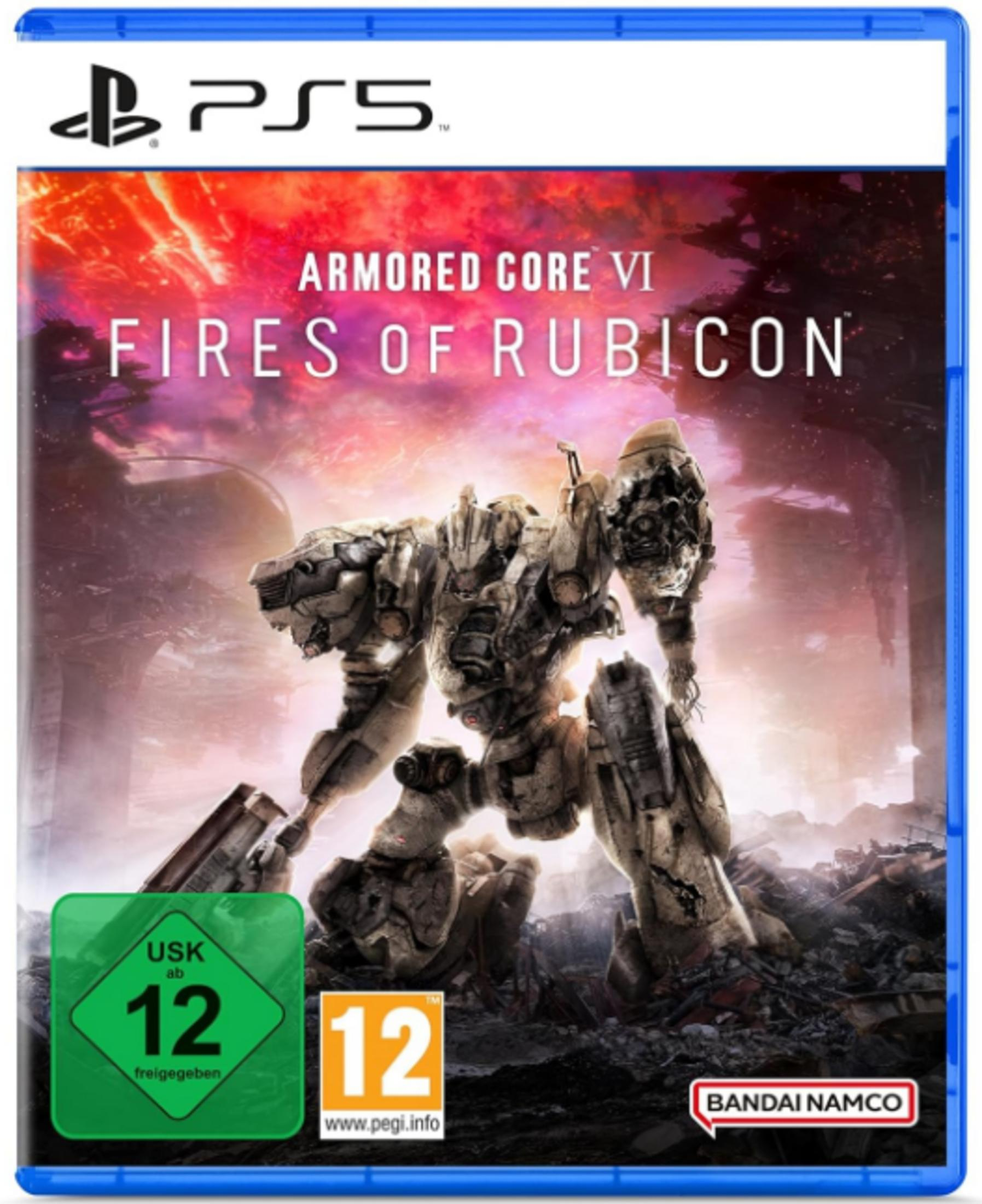 Ein Mech steht in einer zerstörten Stadt unter einem feurigen Himmel.
