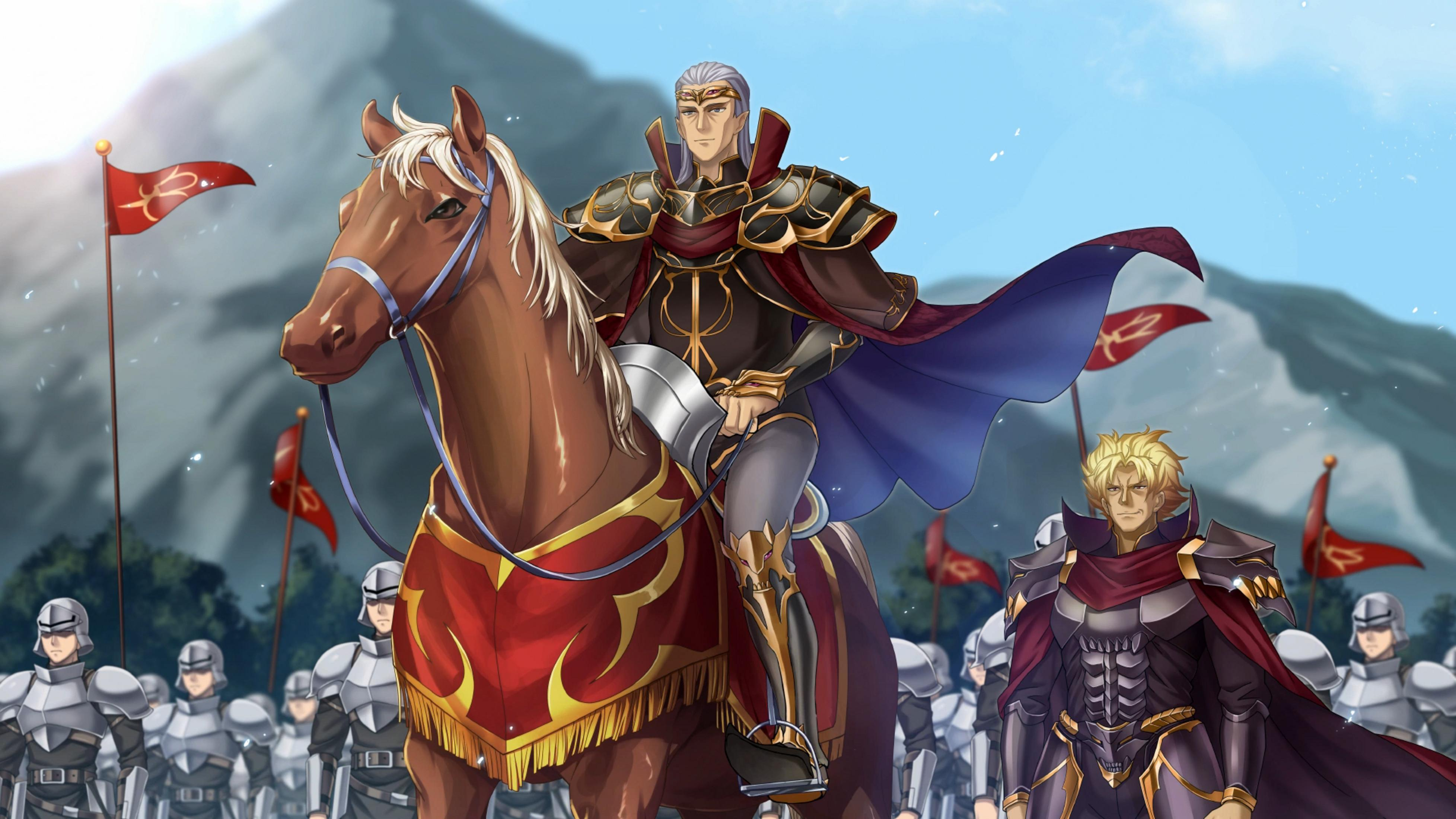 Un homme en armure monte un cheval, entouré de soldats avec des drapeaux rouges.