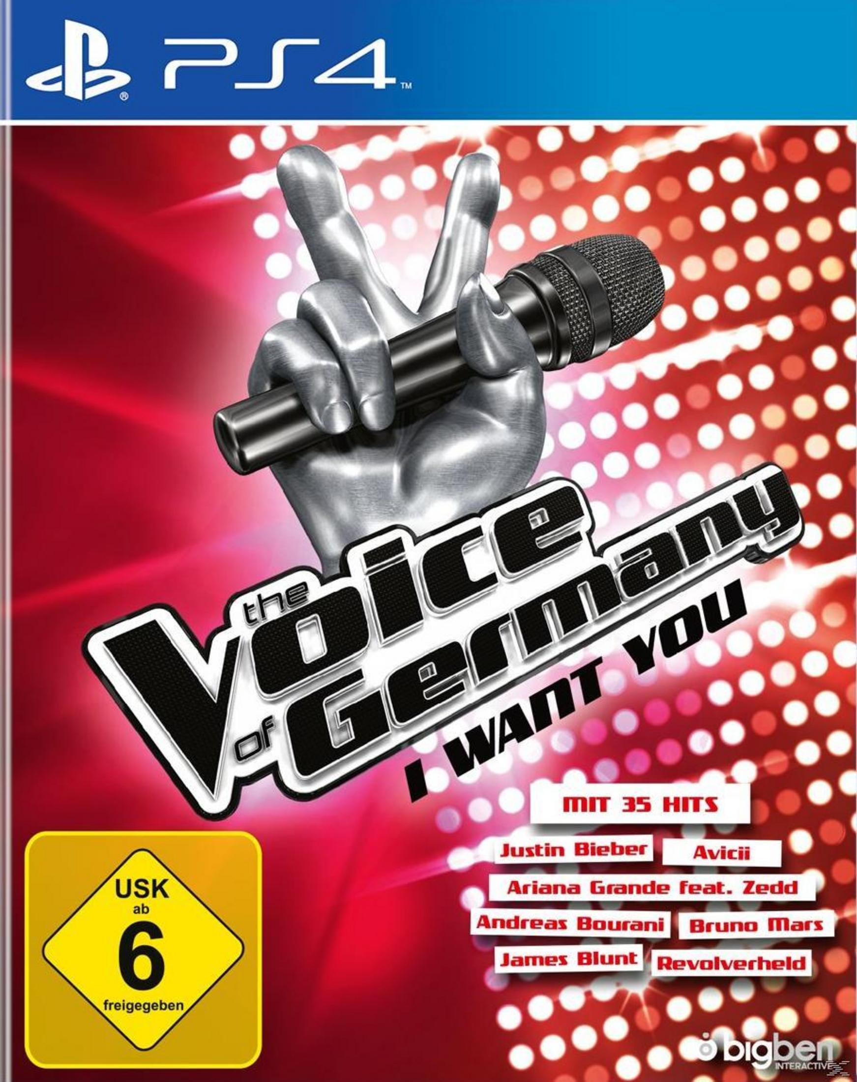 PS4-Spiel "The Voice of Germany I Want You" mit Mikrofon und Künstlernamen.