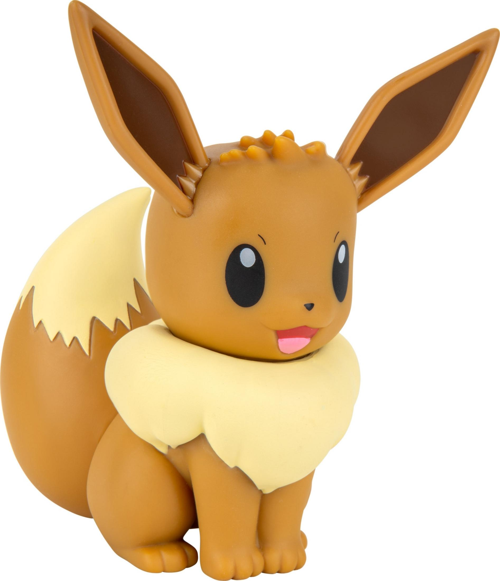 Eine braune Evoli-Figur mit großen Ohren und einem gelben Kragen sitzt.