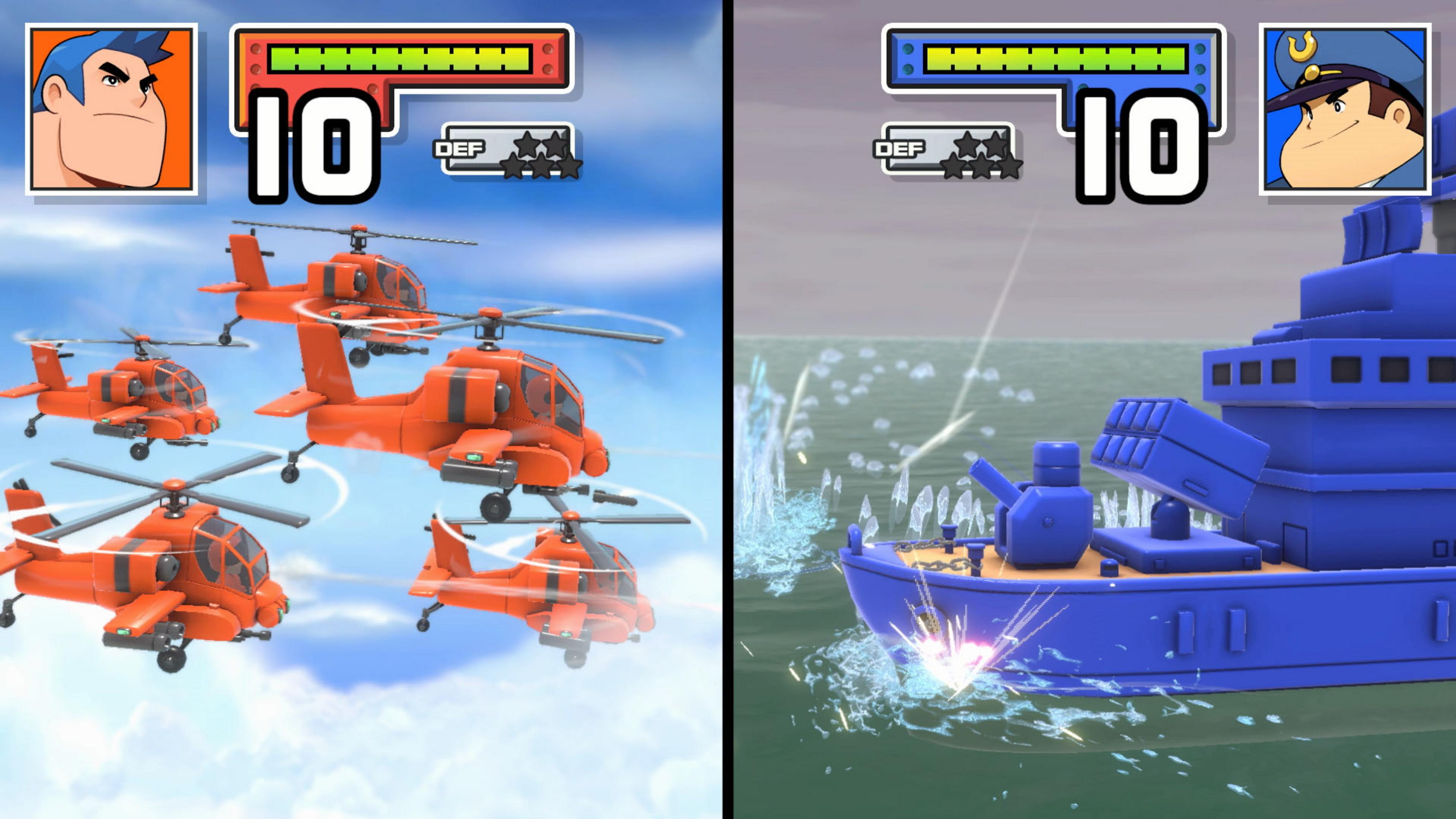 Vier orangefarbene Hubschrauber fliegen im blauen Himmel, während ein blaues Schiff auf dem Wasser unter Beschuss steht.