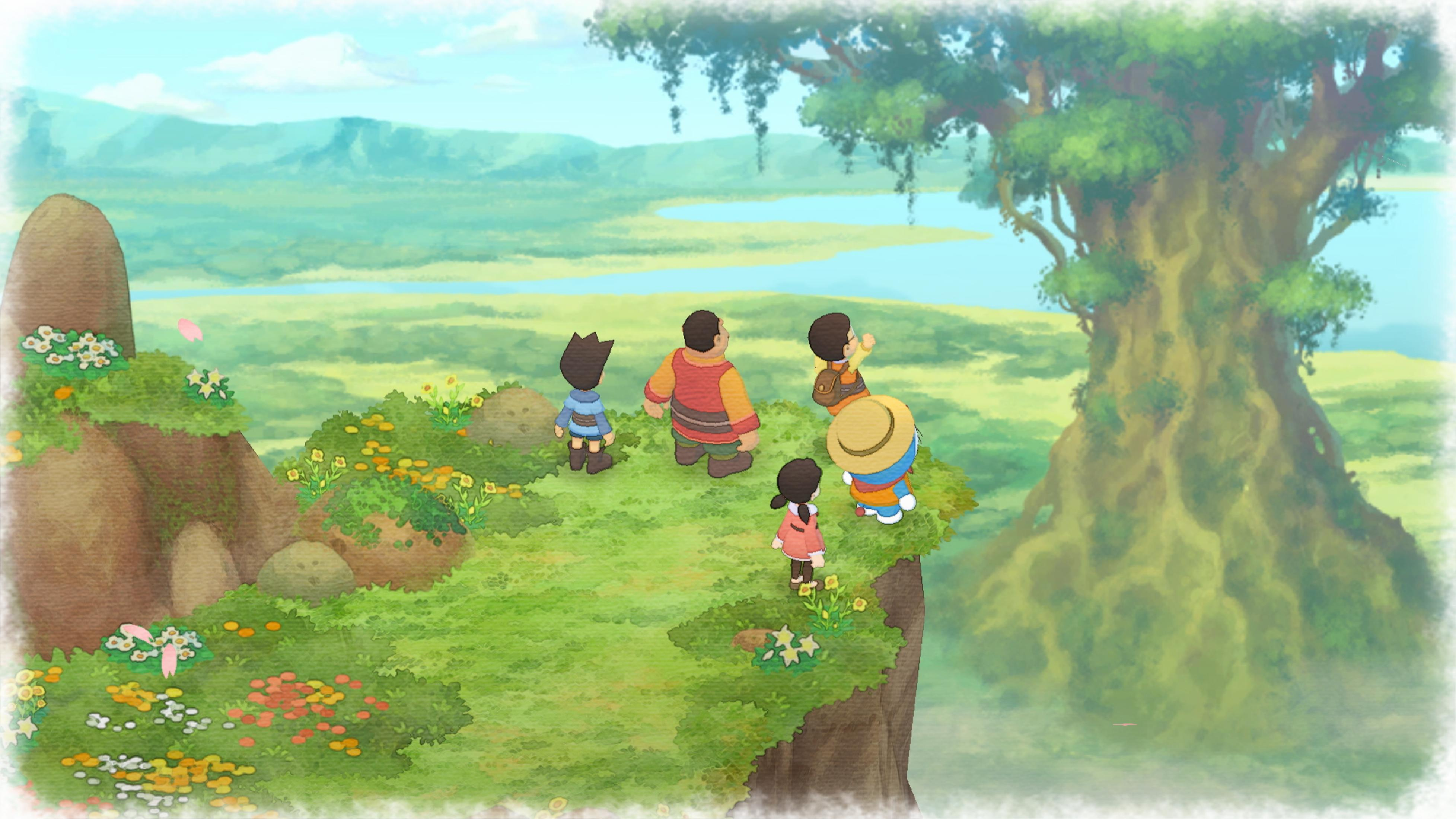 Eine Gruppe von Kindern und Doraemon stehen auf einer Klippe mit Blumen und blicken auf eine weite Landschaft.