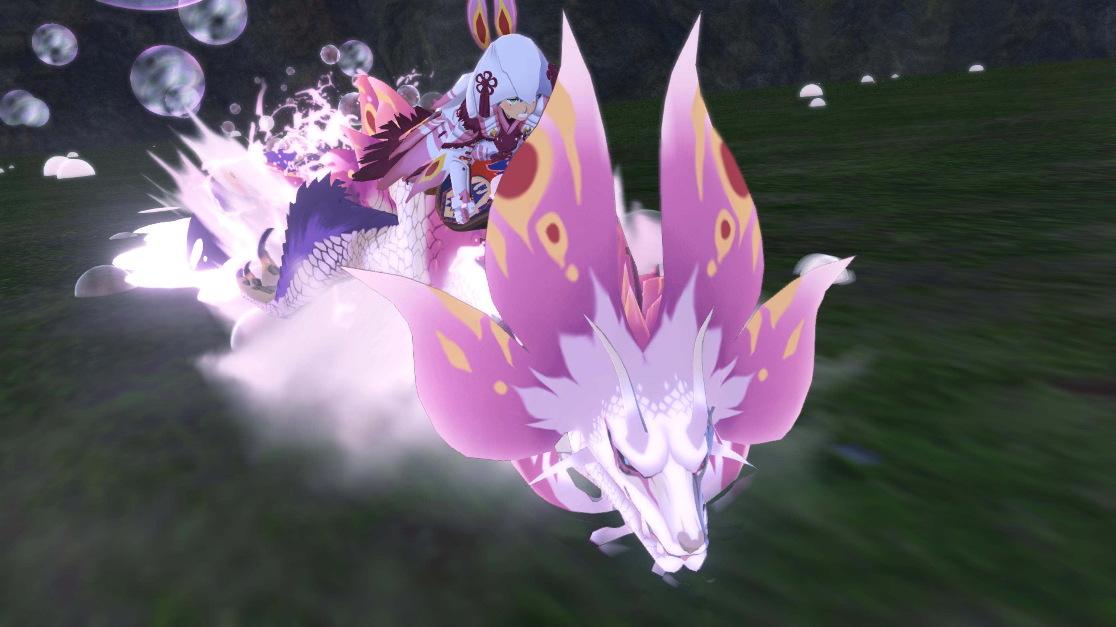 Un personaggio anime cavalca un drago bianco con ali rosa attraverso un paesaggio verde.