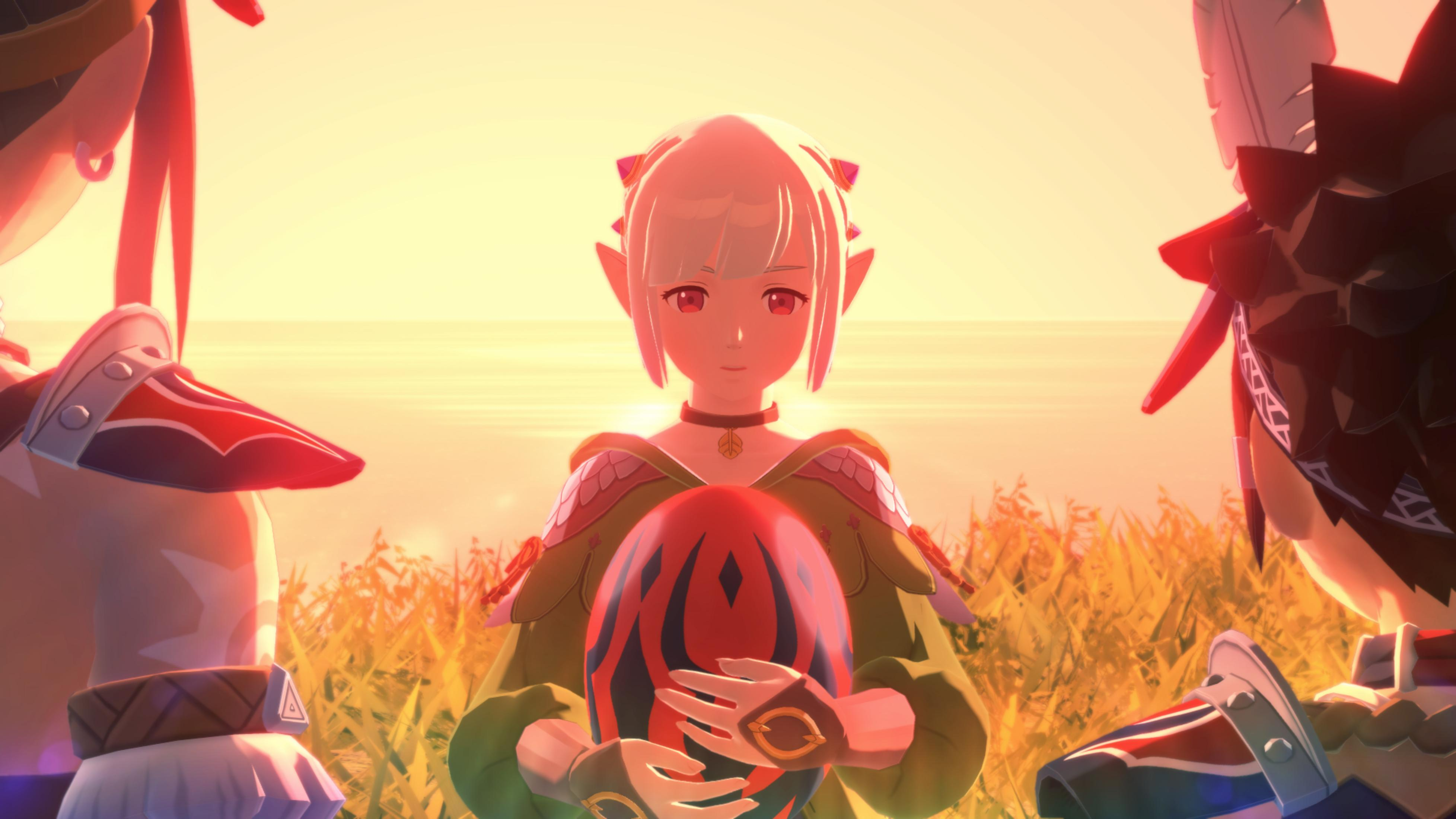 Personaggio simile a un elfo tiene un uovo rosso con motivi neri. Sfondo al tramonto.