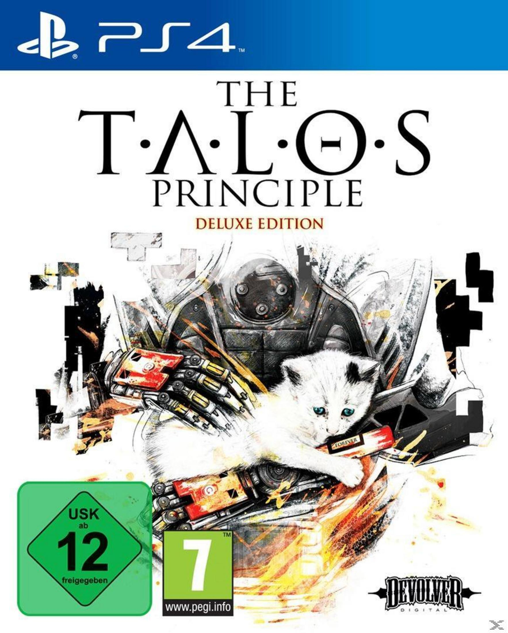 Das PS4-Spiel "The Talos Principle Deluxe Edition" mit Katze und Roboter.