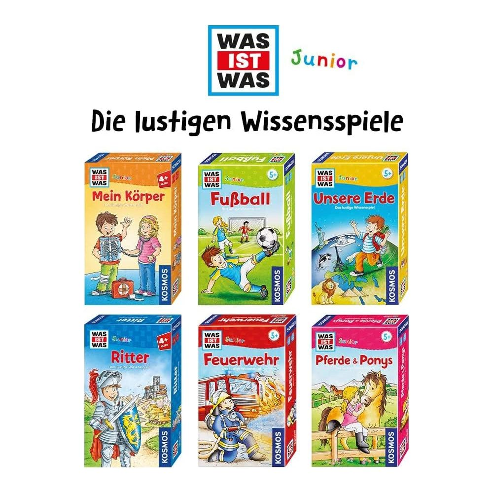 Sechs Kosmos "Was ist Was Junior" Spiele-Boxen: Körper, Fußball, Erde, Ritter, Feuerwehr, Pferde.