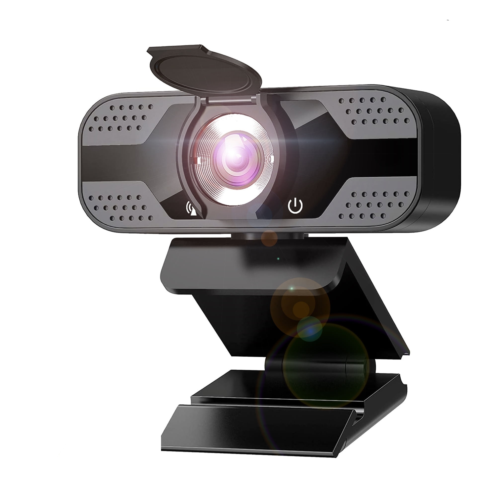 Eine schwarze Webcam mit aufklappbarem Objektivdeckel und integriertem Mikrofon.